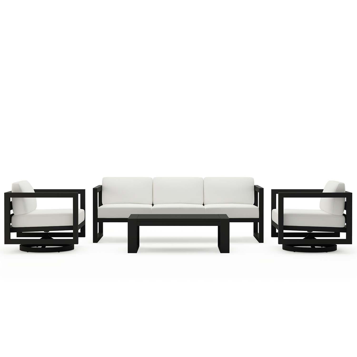 Misty Cove 4 Pc Aluminum Sofa Seating Set w/ Swivel Chairs in Black/Canvas Natural by Lakeview Outdoor Designs - White Background thumbnail
