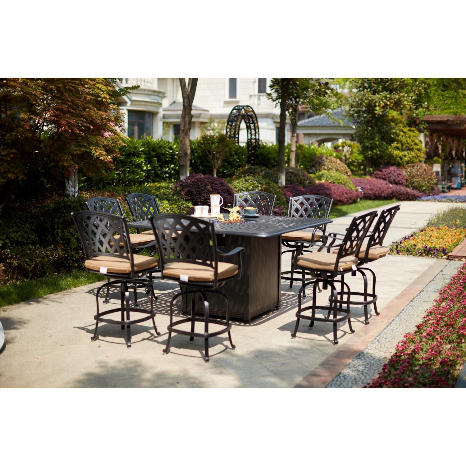 Darlee 201630-9PC-60GHW Ocean View 9 Piece Cast Aluminum Patio Counter Height Fire Pit Bar Set W/ 64 Inch Square Table & Sesame Cushions - Lifestyle thumbnail