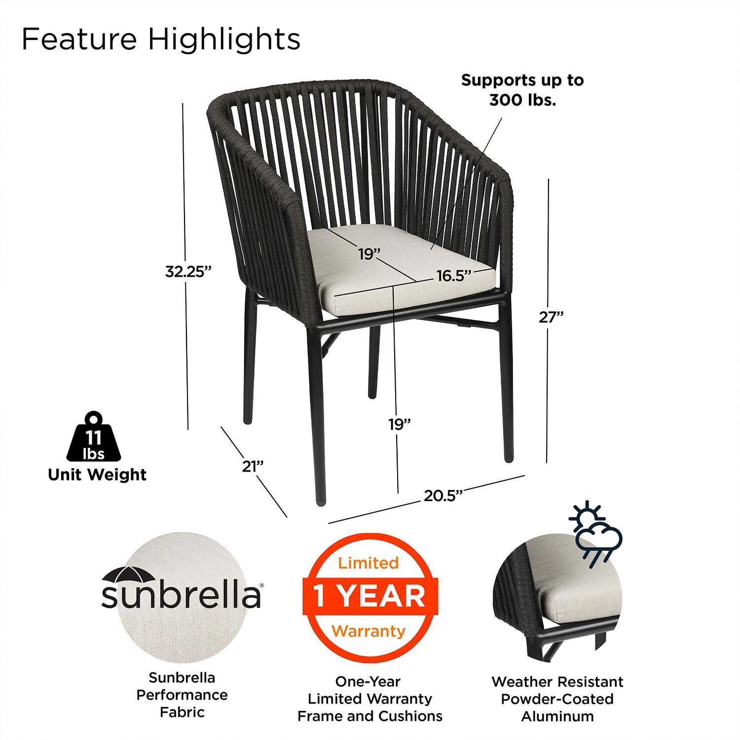 Canyon Bay 21 Inch Metal Outdoor Dining Chair Set of 2 in Black W/ Sunbrella Cushions by Lakeview Outdoor Designs - Features - Detail thumbnail