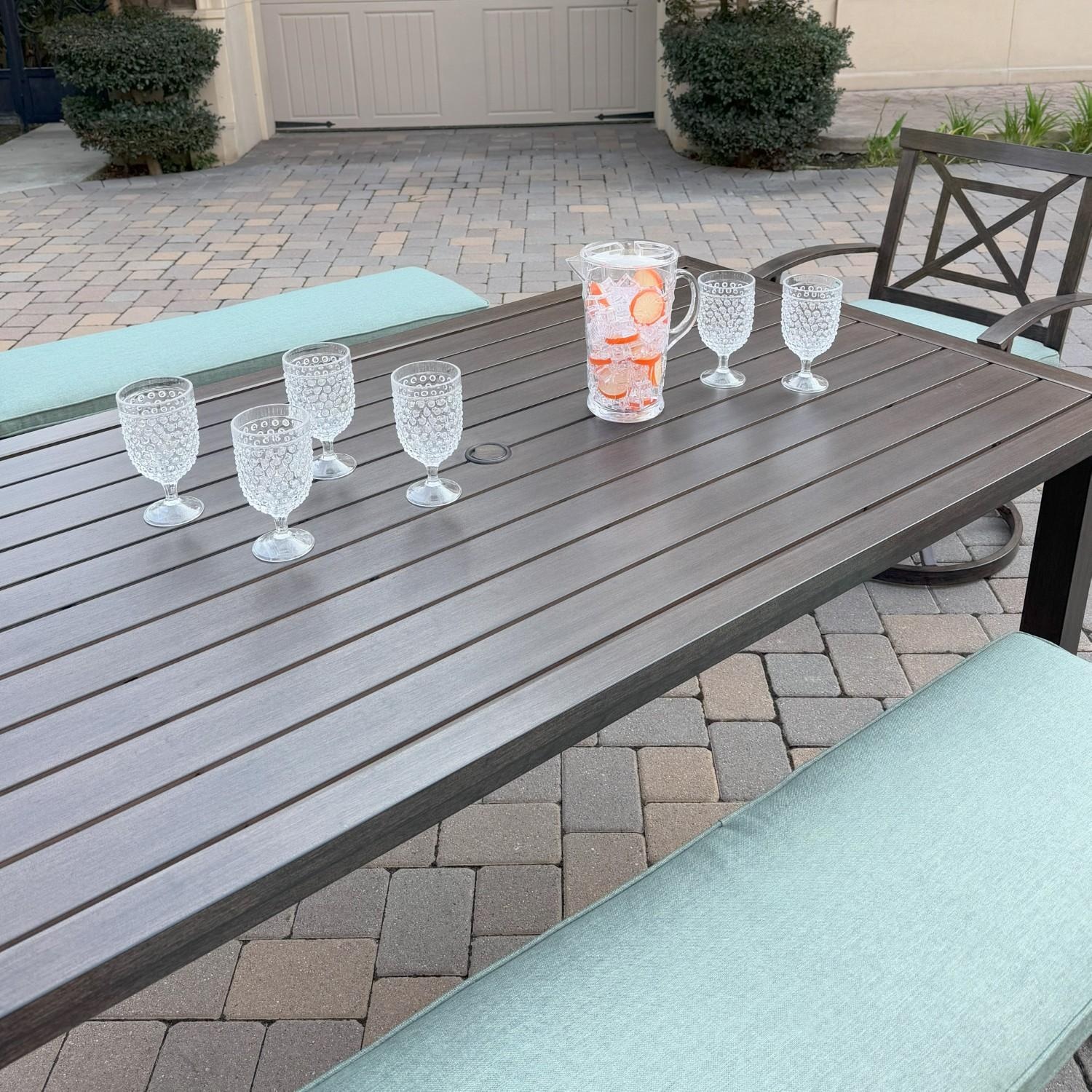 Atlantis 5 Pc Aluminum Dining Set w/ 2 Swivel Rocker Dining Arm Chairs & 2 Two Person Benches in Walnut/Spa by Darlee - Table Angled - Lifestyle thumbnail