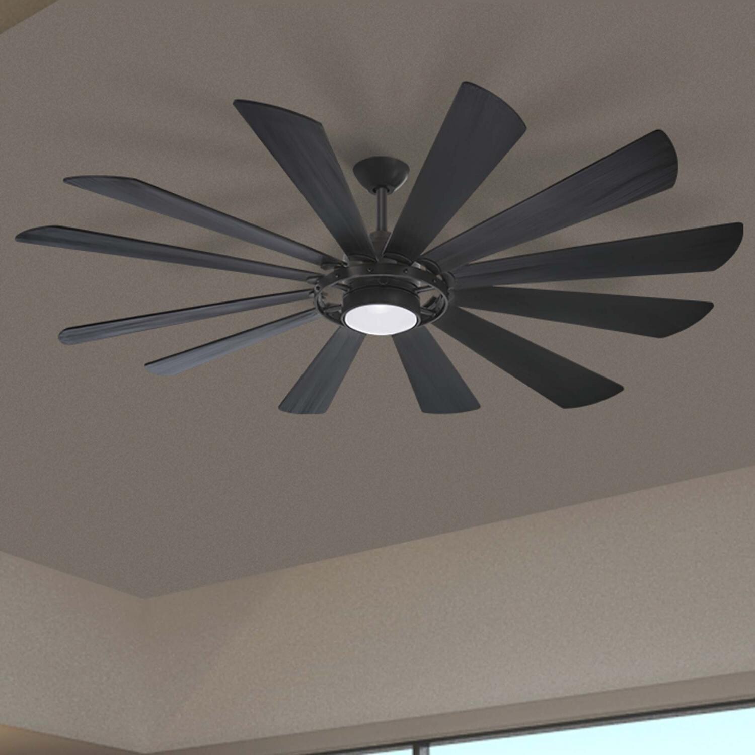 Minka-Aire F870L-TCL Windmolen 65-Inch 12-Blade LED Ceiling Fan in Textured Coal Finish w/ Coal Ashwood Blades & Etched Lens - Lifestyle thumbnail