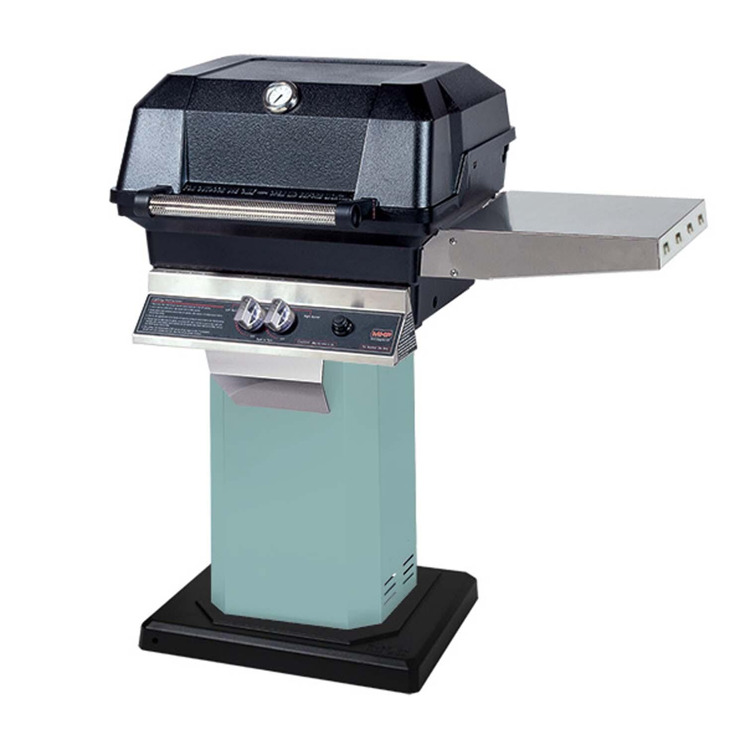 MHP JNR Propane Grill Head w/ Drop Down Shelves on Aqua Fire Grill Column & Permanent Base - White Background thumbnail