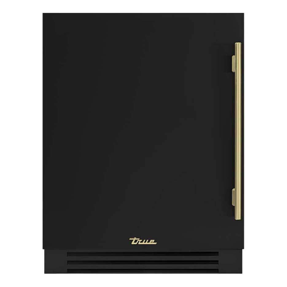 True  TUWADA-24-LS-A~027-H01 ADA Height 24 Inch 40 Bottle Left Hinge Outdoor Wine Cabinet - Matte Black w/ Brass Handle - White Background thumbnail
