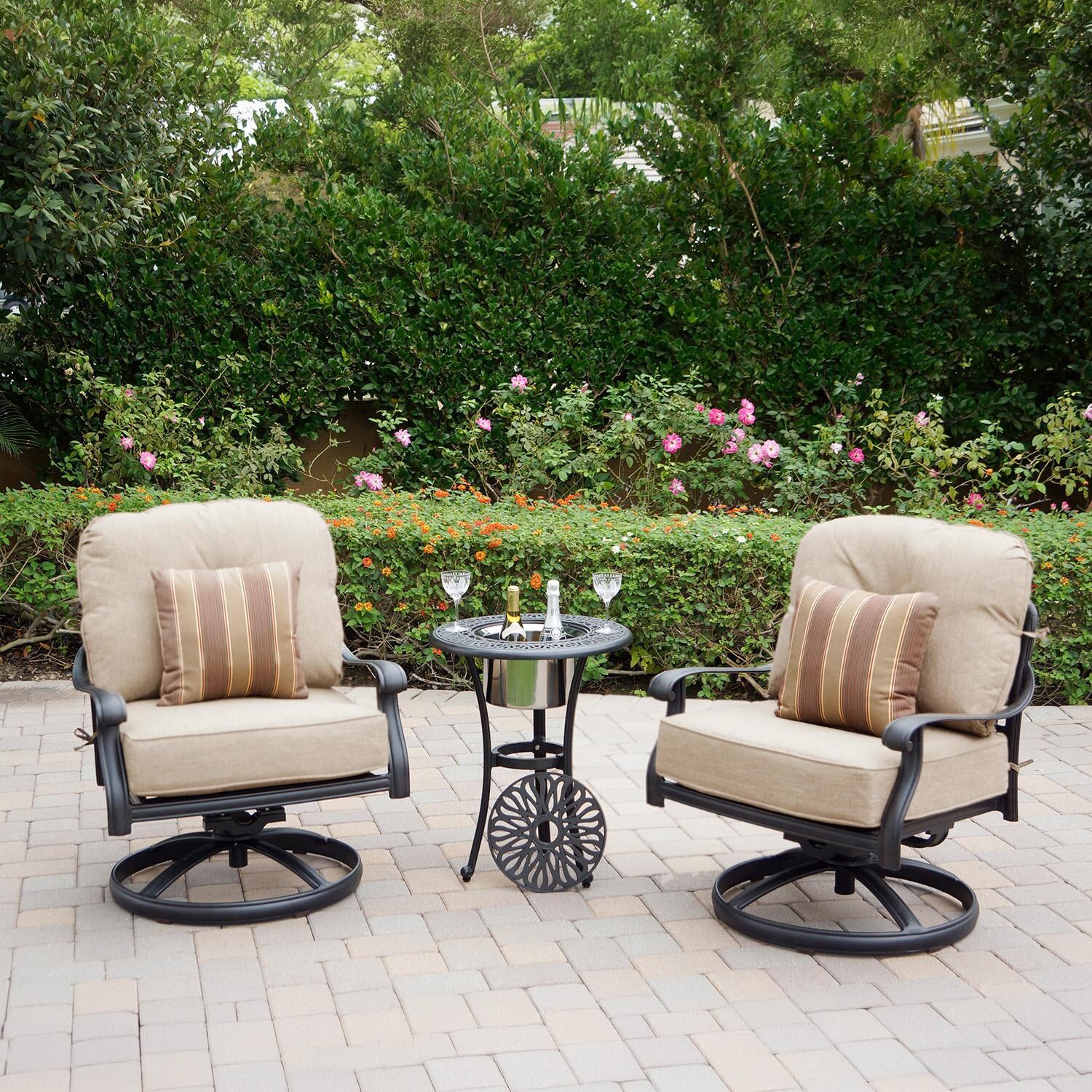 Darlee Elisabeth Cast Aluminum 2-Pc Swivel Rocker Club Chair Set in Antique Bronze/Beige Canvas - Shown w/ Table - Lifestyle thumbnail