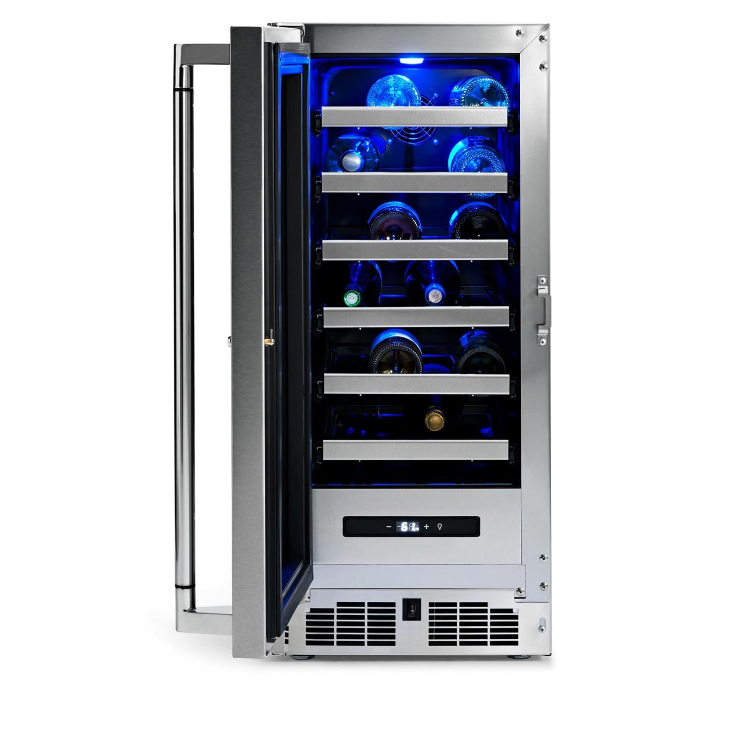 Lynx LN15WINE 15-in 2.7 Cu. Ft. Outdoor Wine Refrigerator w/ Lock - Door Open w/ Wine - White Background thumbnail