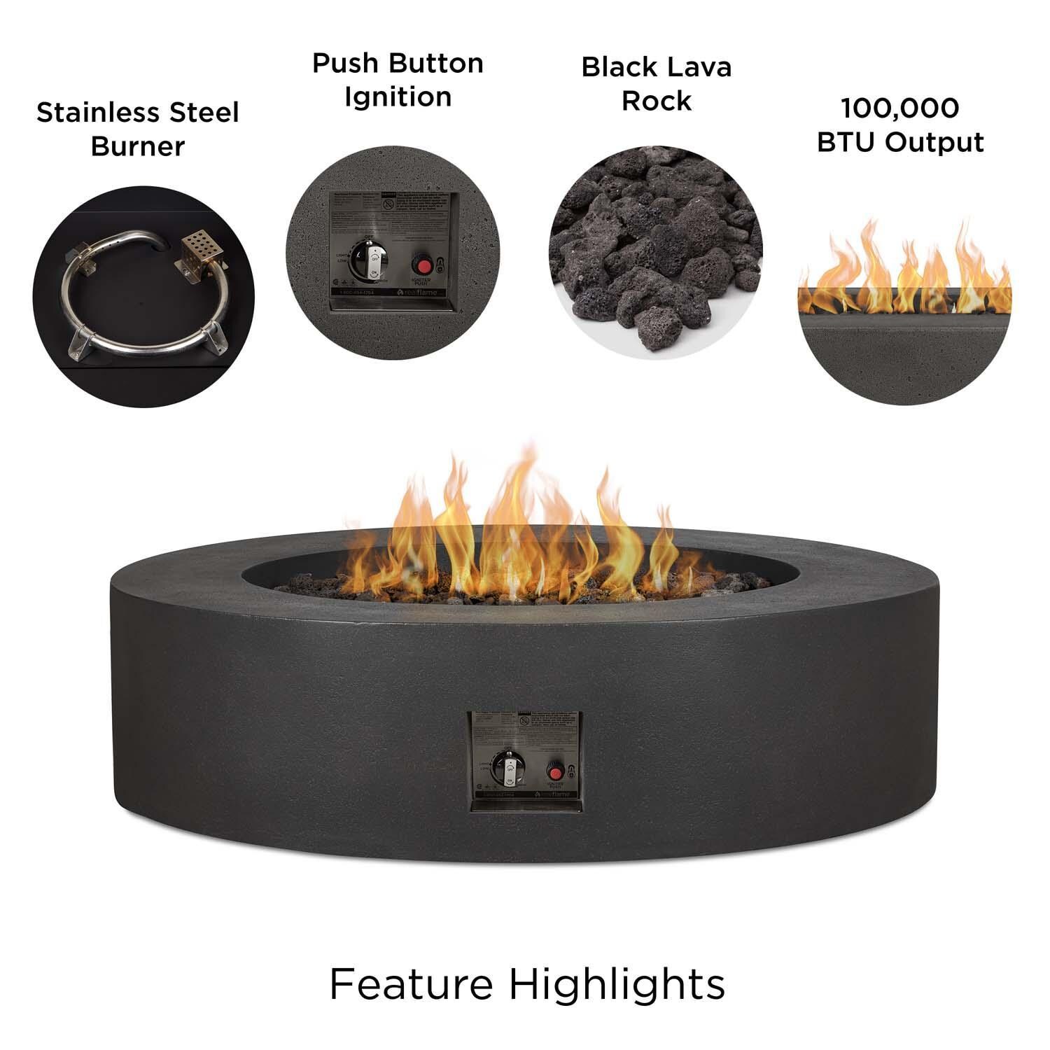 Hillview Bay 43 Inch Round Glass Fiber Reinforced Concrete Propane Fire Pit Table in Carbon by BBQGuys Signature - Features thumbnail