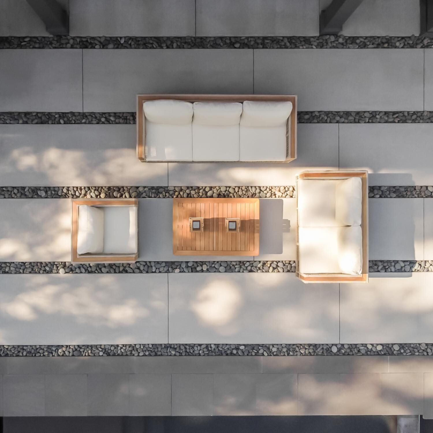 Teak + Table Breeze Olefin Rope & Teak Patio Sofa in Dune/Sand - From Above - Lifestyle thumbnail