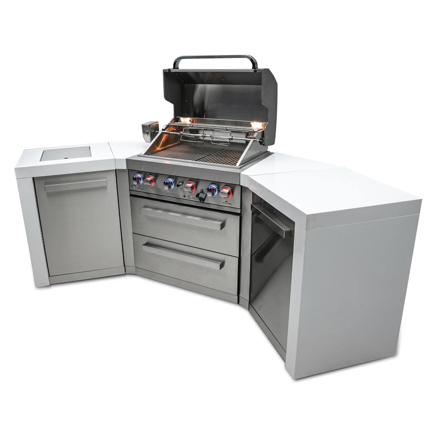 Mont Alpi - MAi400-D45 - Deluxe 45 Degree Propane Gas Island Grill W/ Infrared Side Burner & Rotisserie Kit - Open With Burners On Angled - White Background