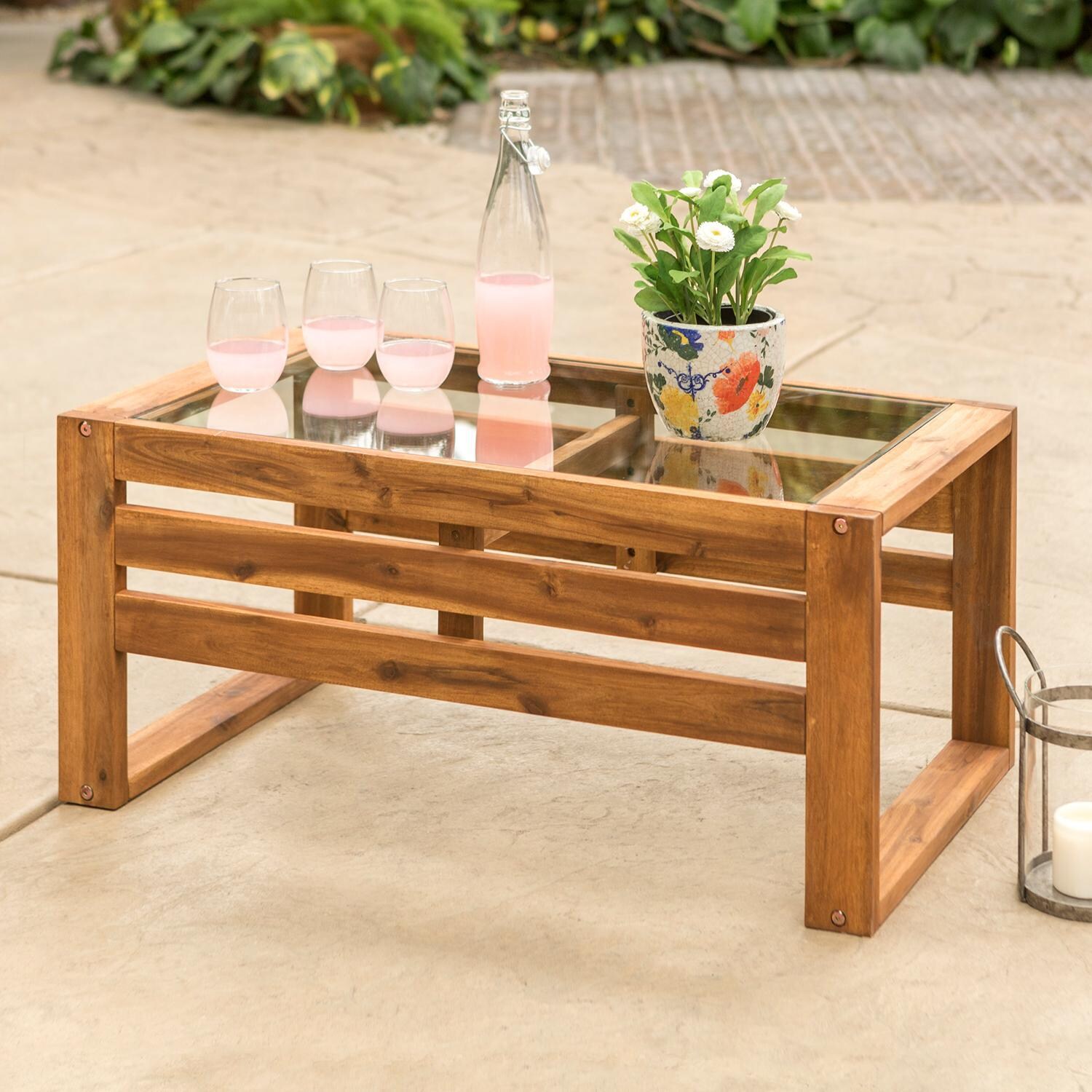 Ultimate Patio Window Bay 36 X 20 Inch Rectangular Acacia Patio Coffee Table - Angled View thumbnail