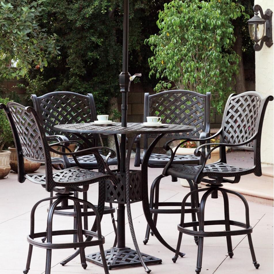 Nassau 7 Piece Cast Aluminum Patio Bar Set W/ 42 Inch Round Table, Umbrella & Sesame Cushions By Darlee thumbnail
