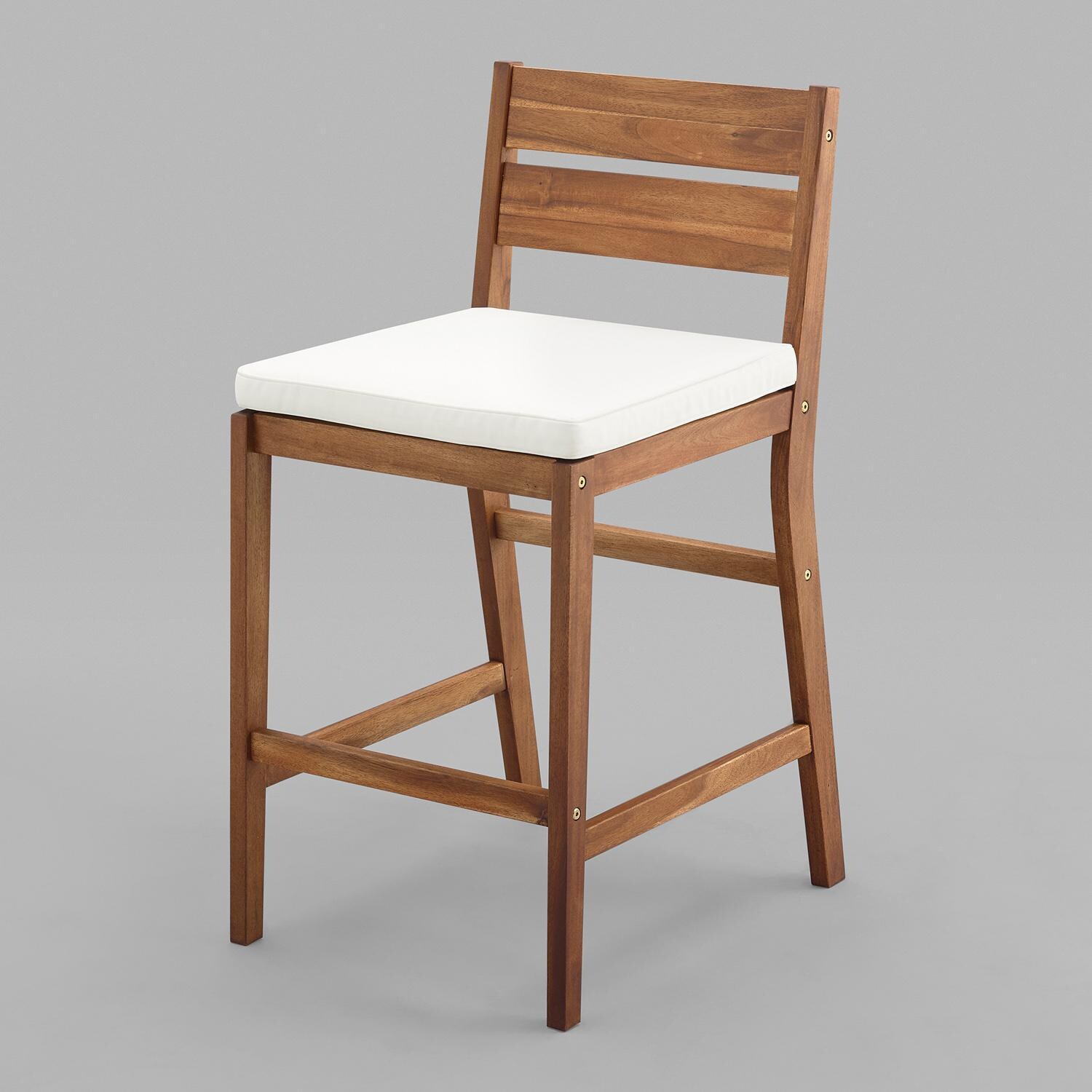 Ultimate Patio 2 Piece Acacia Patio Counter Height Bar Stool Set W/ Off-White Cushions - Brown - Right Side Angled View thumbnail