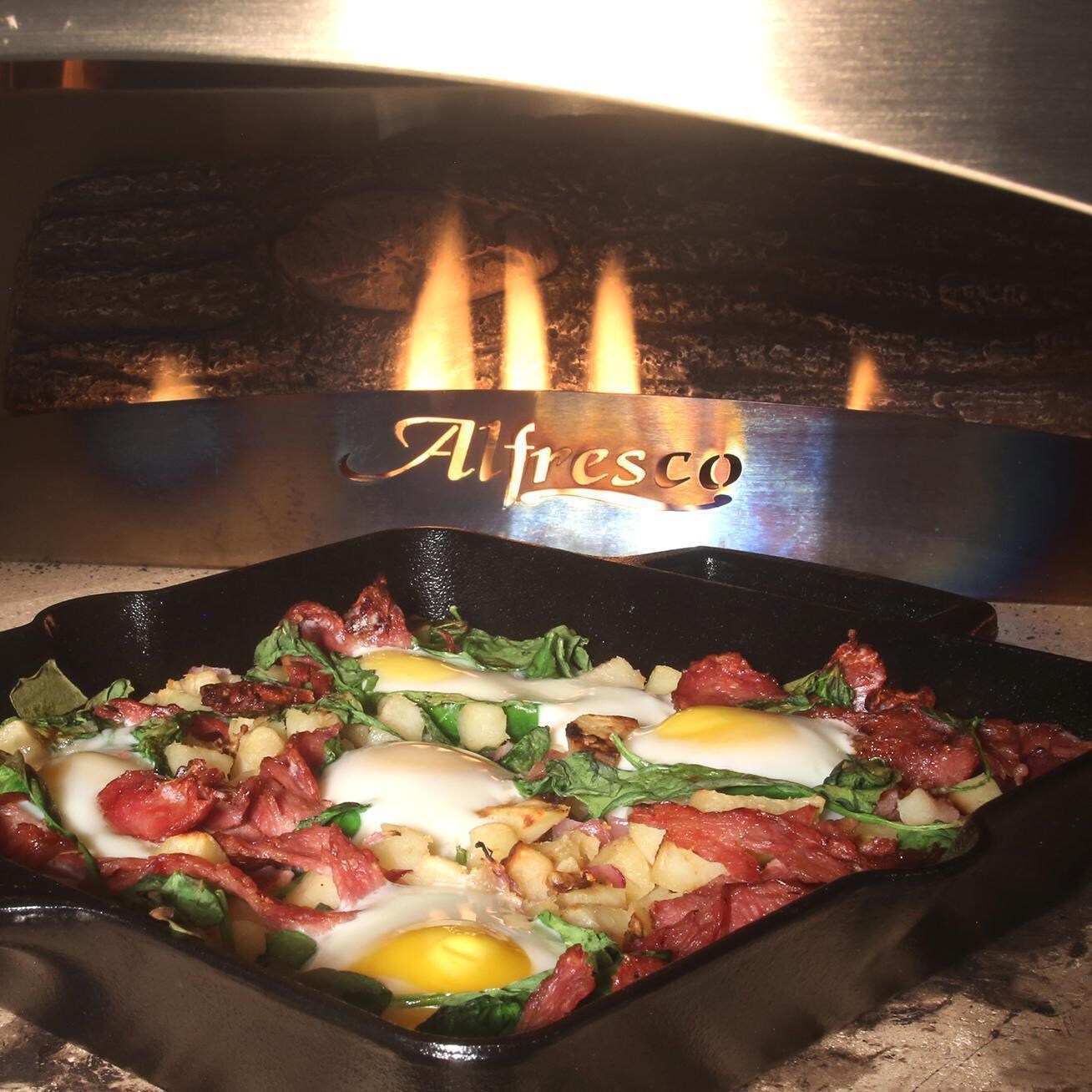 Alfresco AXE-PZA-BI-NG-SM9003 30 Inch Built-In Natural Gas Outdoor Pizza Oven Plus in Signal White Matte - Iron Skillet - Lifestyle thumbnail