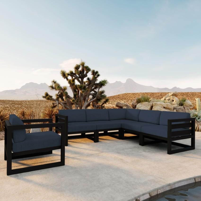 Lakeview Misty Cove 6 Pc Aluminum Sectional Set in Black w/Club Chair & Spectrum Indigo Cushions by Lakeview Outdoor Designs - On the Patio - Lifestyle thumbnail