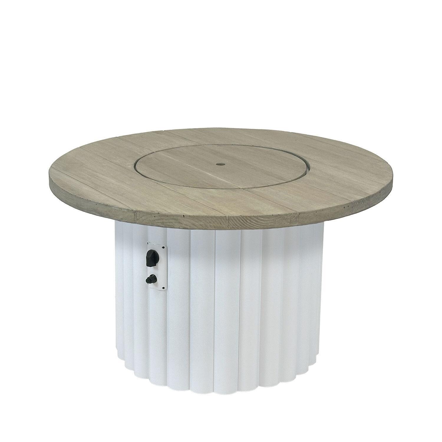 Reverie REVSWH-42-K-NG 42-in Round Aluminum Natural Gas Fire Pit Table w/ Smokey Oak Supercast Top & White Base (Ships Propane w/ Conversion Kit) - Cover On - White Background thumbnail