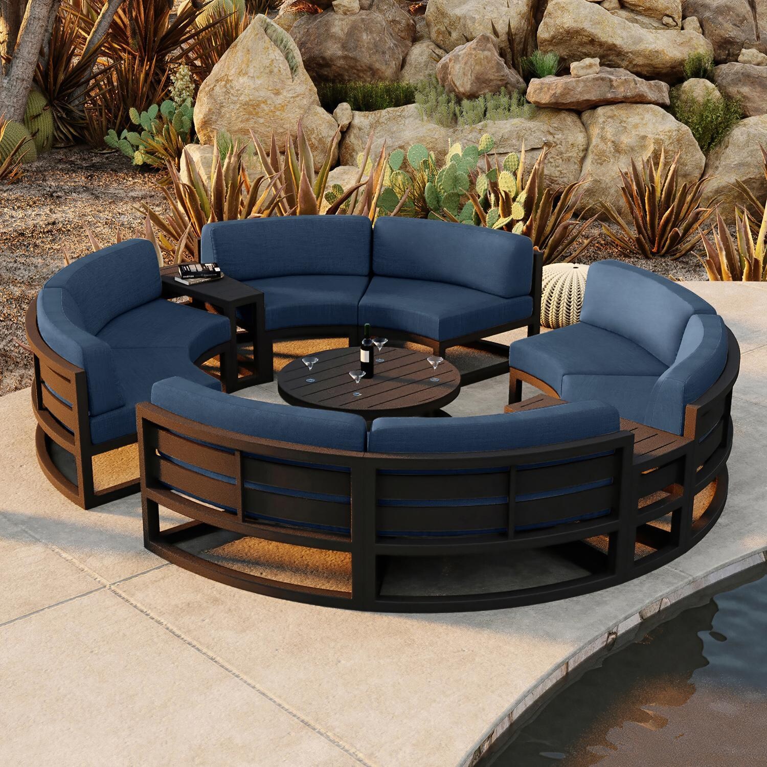 Misty Cove 7 Pc Aluminum Seating Set - Curved Sectional in Black/Spectrum Indigo by Lakeview Outdoor Designs