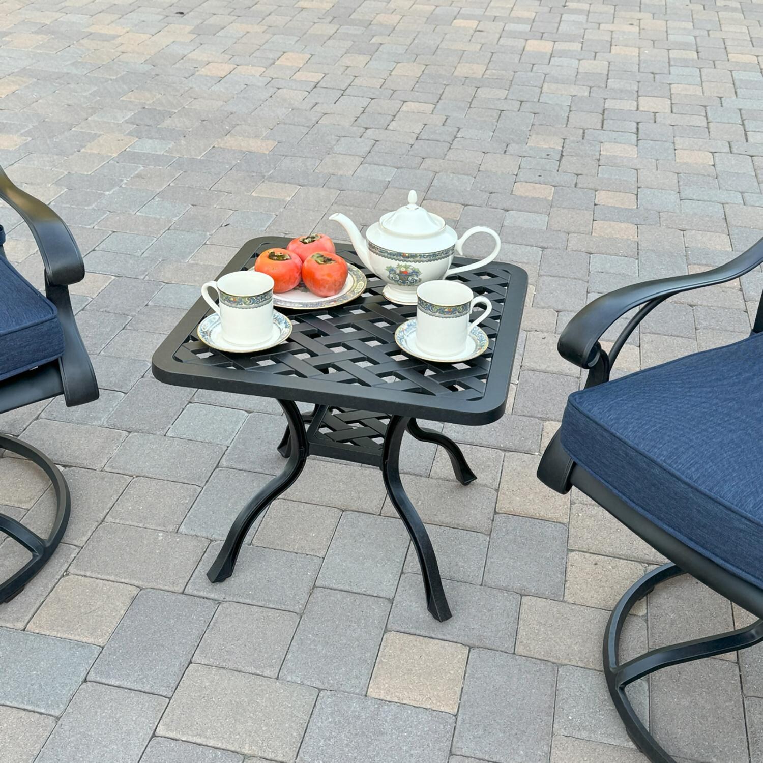 Darlee B/DL13-3PCR-30A-N Nassau 3 Pc Cast Aluminum Conversation Set w/ Rocker in Antique Bronze w/ Navy Cushions - Table - Lifestyle thumbnail