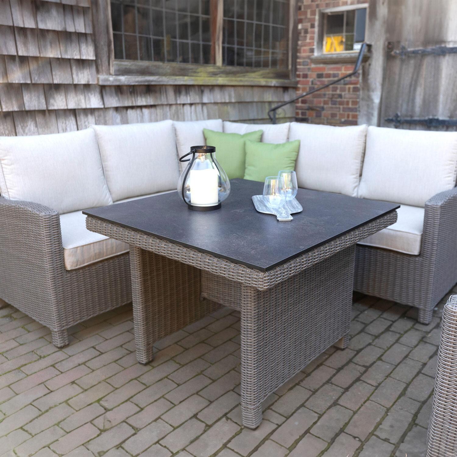 Palma 8 Pc Wicker Modular Corner Seating Set w/ Swivel Glider in Cast Ash By KETTLER - Close Up -Lifestyle thumbnail