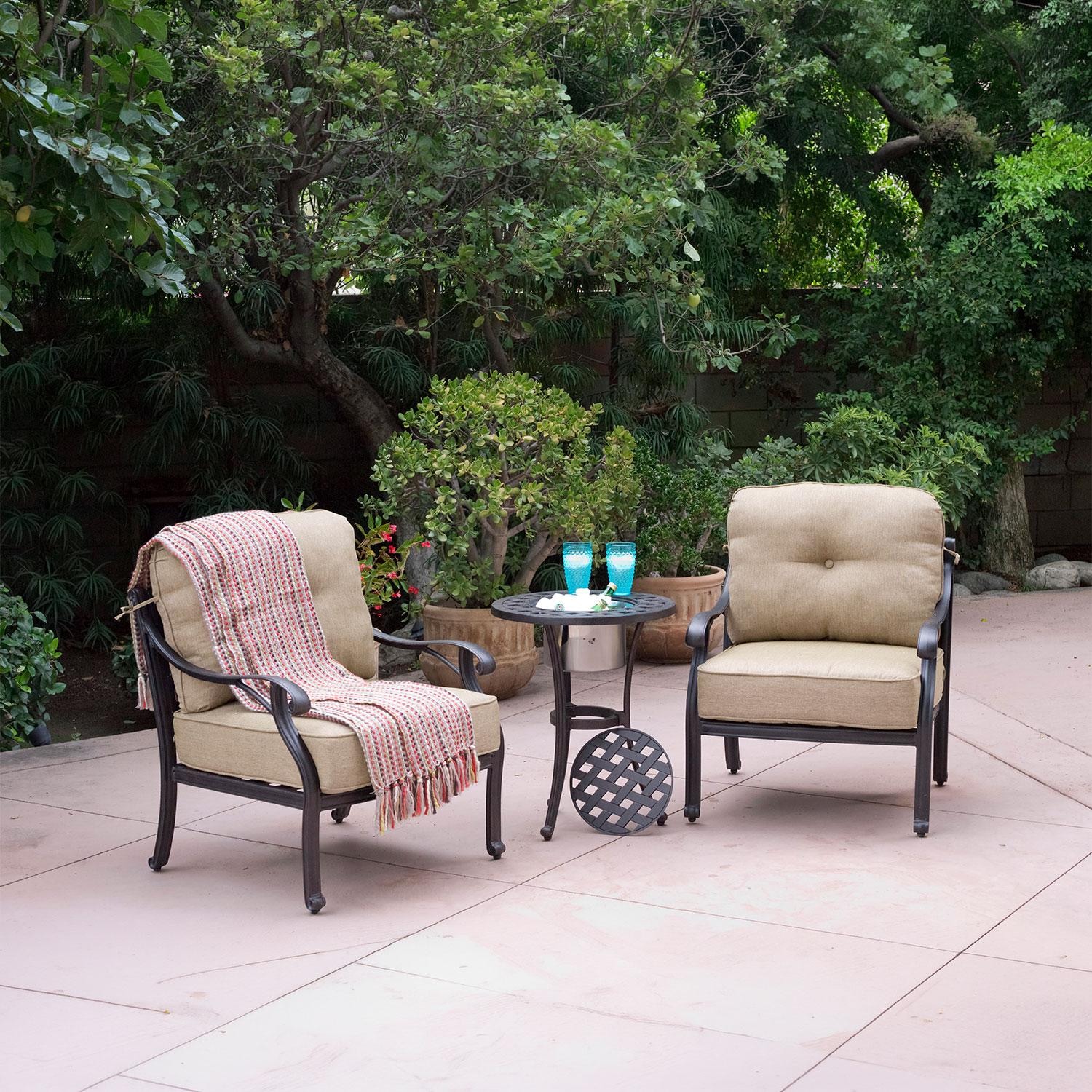 Nassau 3 Piece Cast Aluminum Patio Conversation Set W/ End Table Ice Bucket Insert & Beige Canvas Cushions By Darlee thumbnail