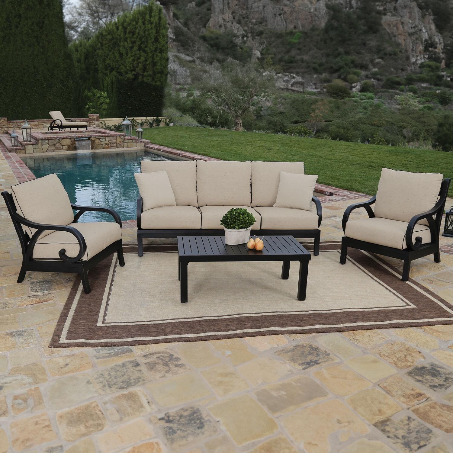 Monterey 3 Person Aluminum Patio Sofa in Spectrum Carbon w/ Self Welt By Sunset West - By The Pool - Styled W/ Furniture Shown in Canvas Natural finish (Sold Separately) - Lifestyle thumbnail