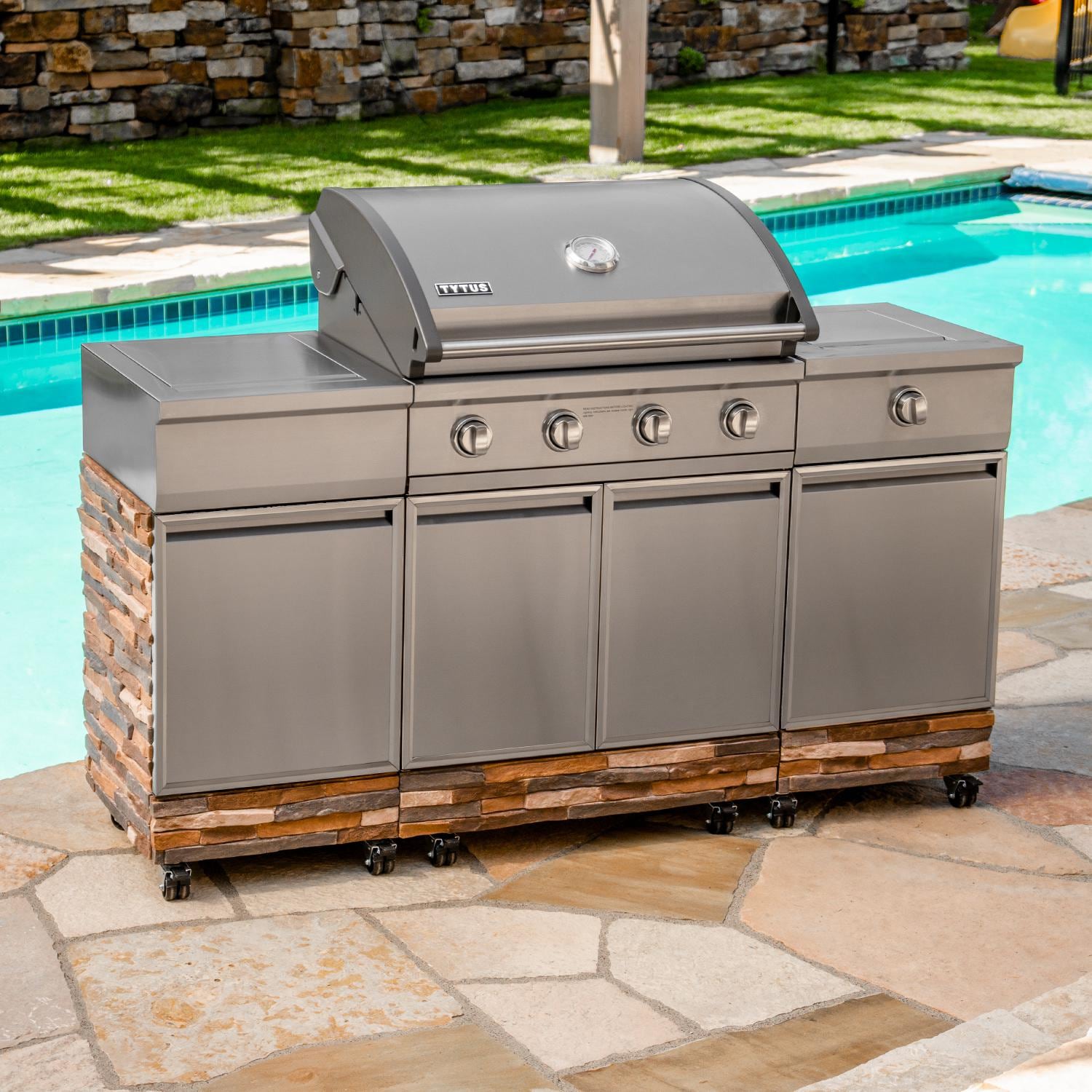 TYTUS Ash Stacked Stone 4Burner Propane Gas Grill Island With Side