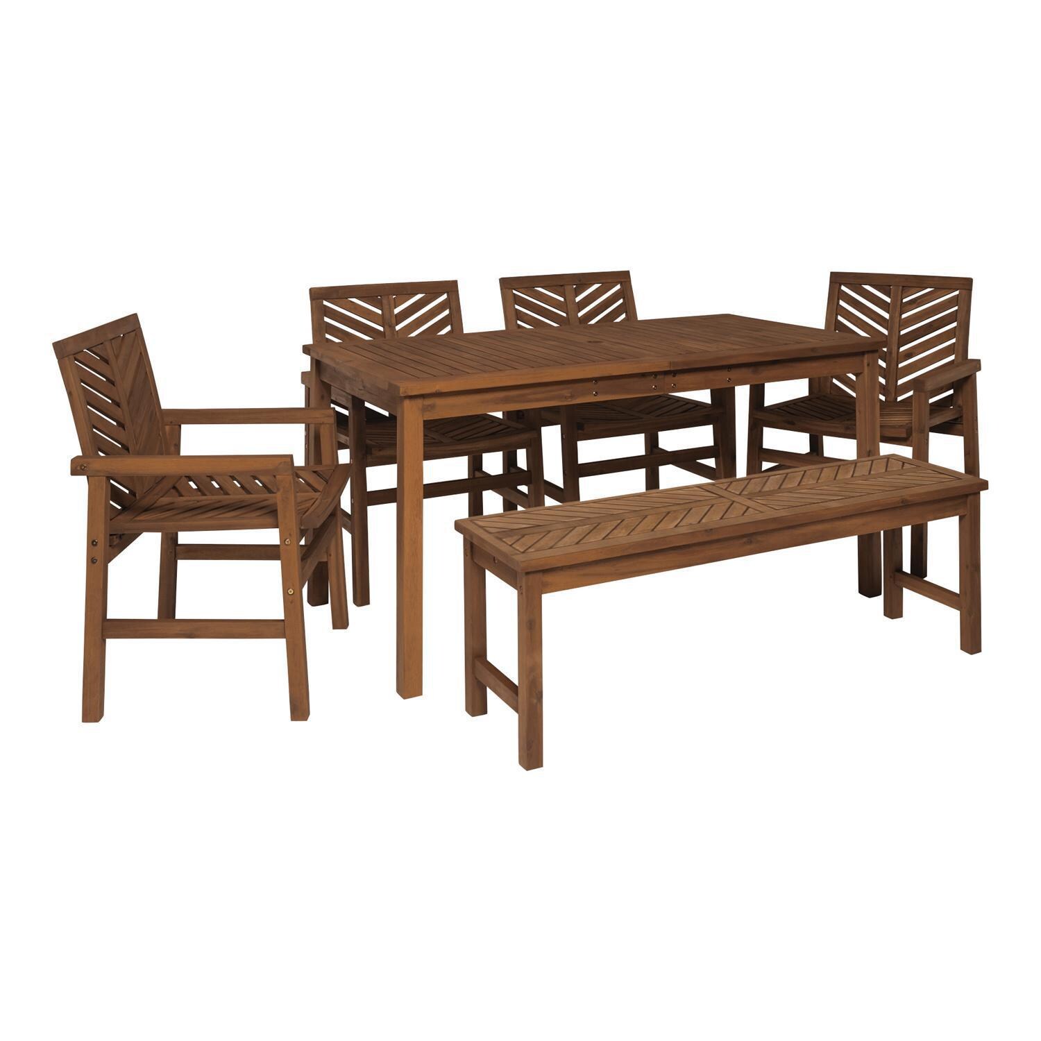 Ultimate Patio Wishlake 6 Piece Acacia Patio Dining Set W/ 60 X 32 Inch Rectangular Table - Dark Brown - Angled View thumbnail