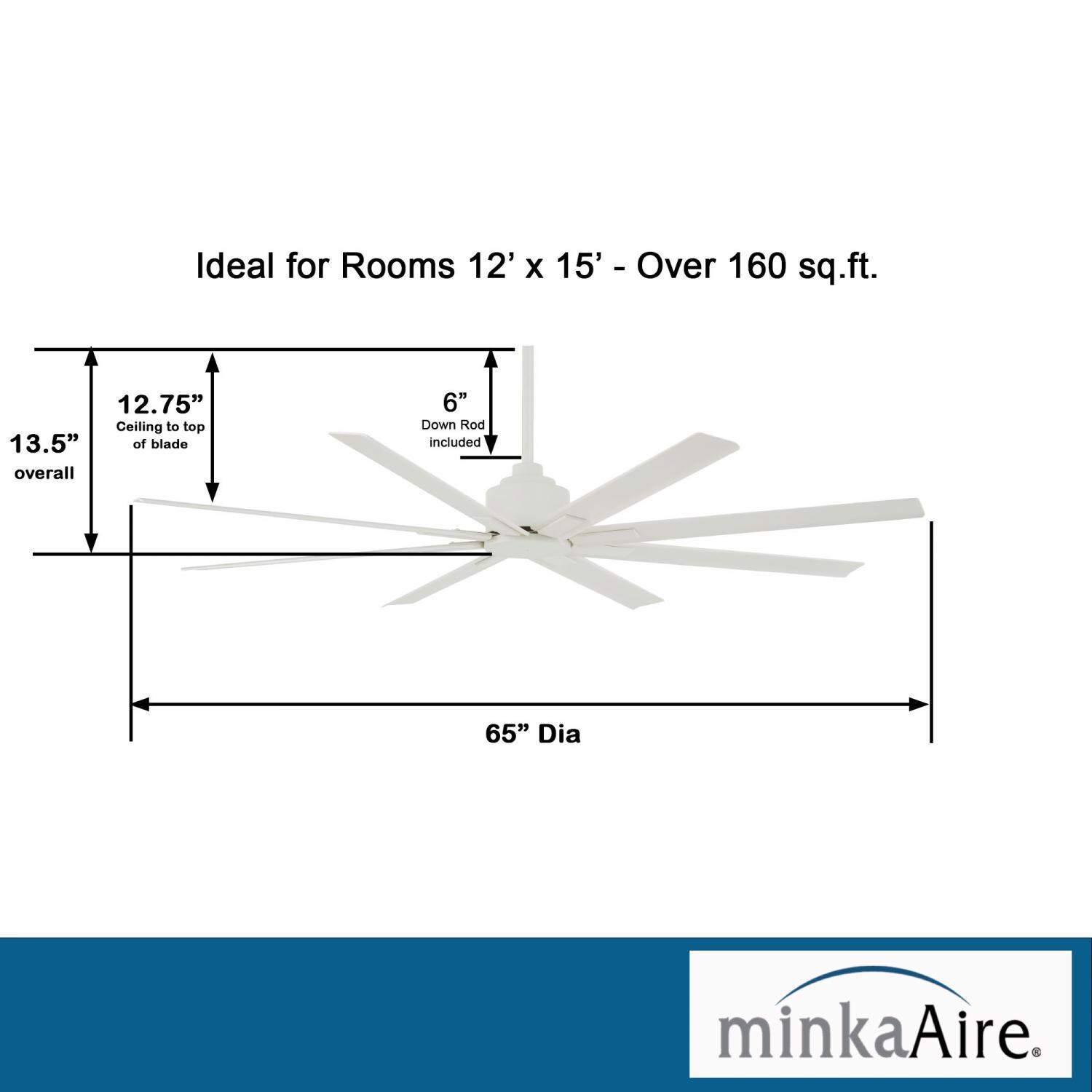 Minka-Aire F896-65-WHF Xtreme H2O 65-Inch 8-Blade Ceiling Fan in Flat White Finish w/ Flat White Blades - Dimensions thumbnail