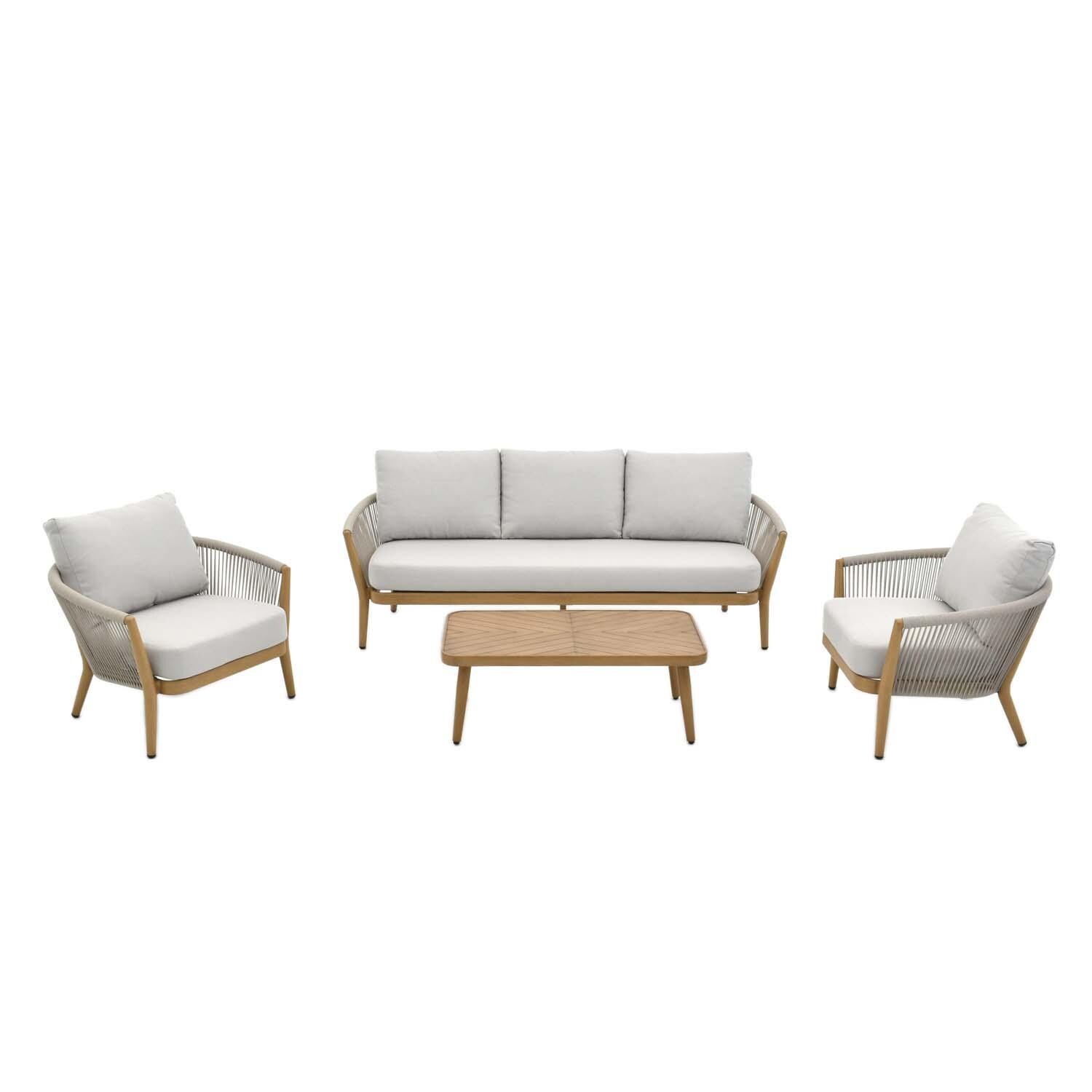 Turin 4 Pc Aluminum Seating Set W/ Beige Cushions in Wood By Lakeview Outdoor Designs - Set - White Background thumbnail
