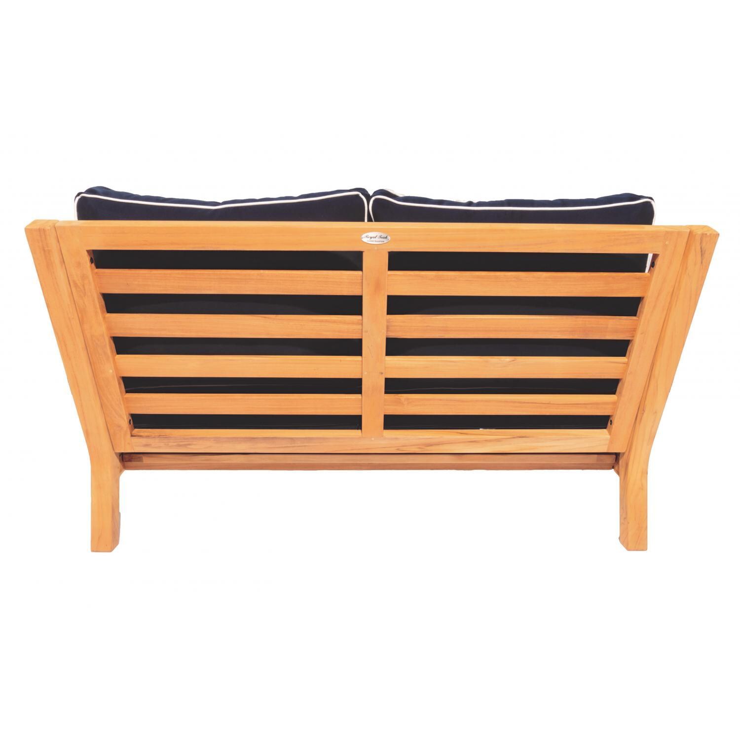 Royal Teak Collection Coastal 2 Person Teak Patio Loveseat w/ Sunbrella Canvas Navy Cushions - Back View - White Background thumbnail