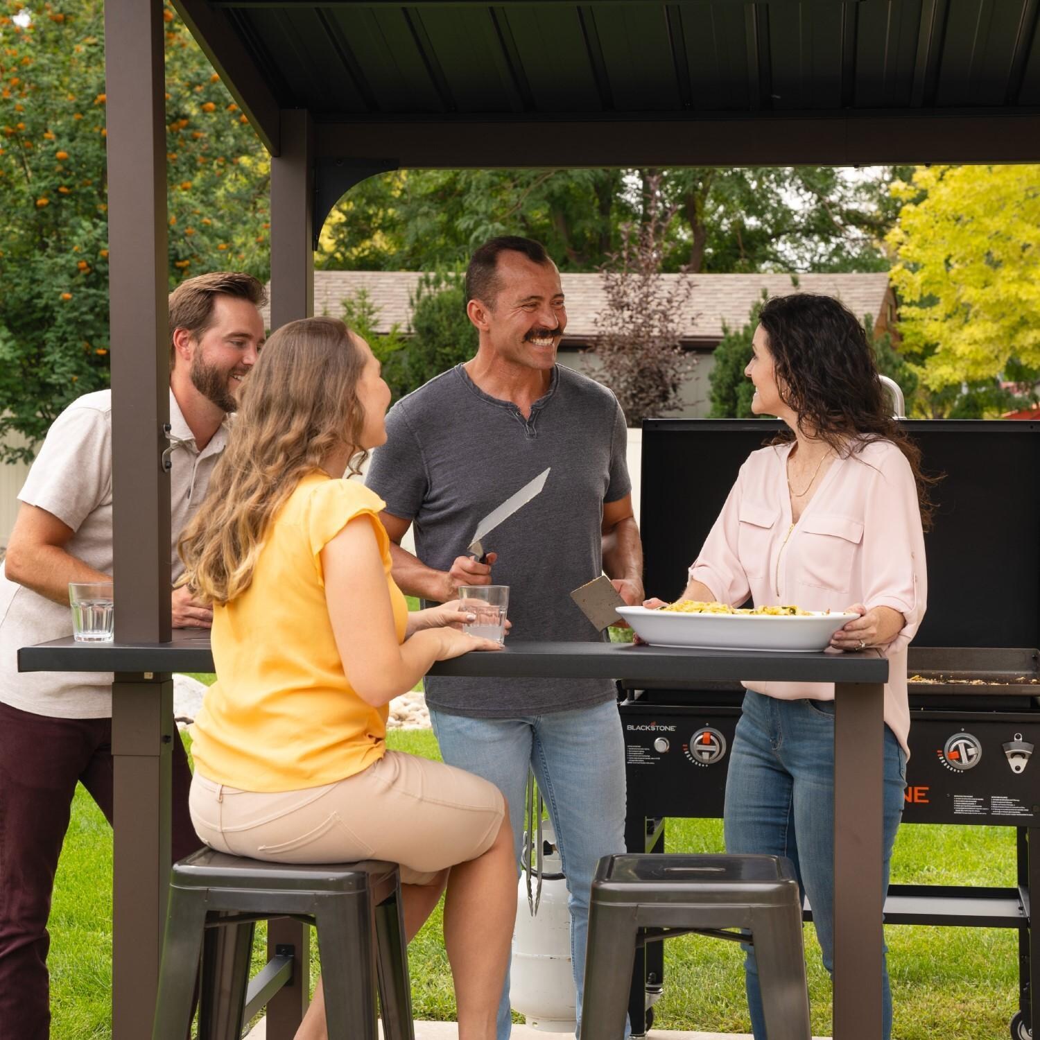Blackstone 5 x 8-Foot Outdoor Pavilion - Friends Gathered - Close-Up View - Lifestyle thumbnail