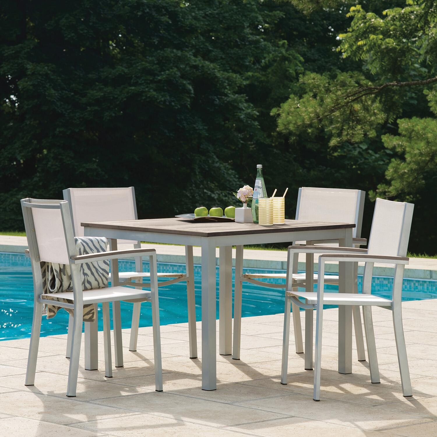 Oxford Garden 5074-PC.F Travira 5 Pc Aluminum Dining Set in Vintage Tekwood/ Vintage Sling by Oxford Garden - By Pool - Lifestyle thumbnail