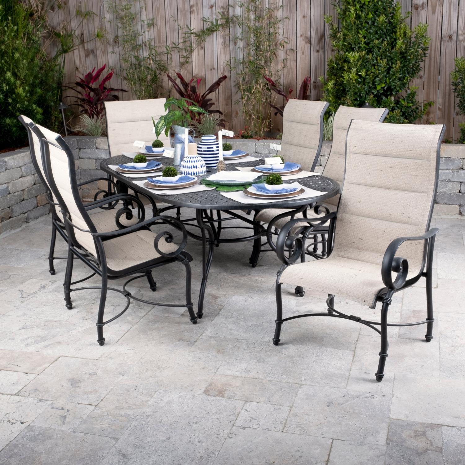 Elysian 7 Piece Padded Sunbrella Sling Patio Dining Set W/ 84 X 42 Inch Oval Table By Lakeview Outdoor Designs
