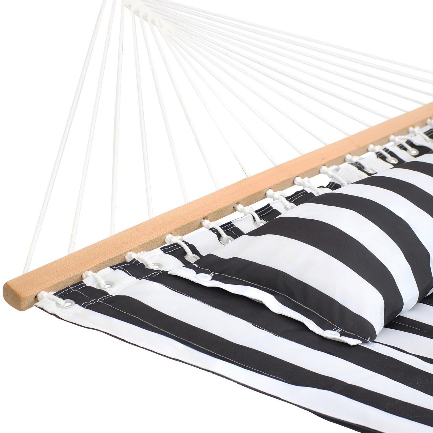 Ultimate Patio Quilted Double Hammock w/ 12-Foot Stand - Black & White Stripe - Close-Up thumbnail