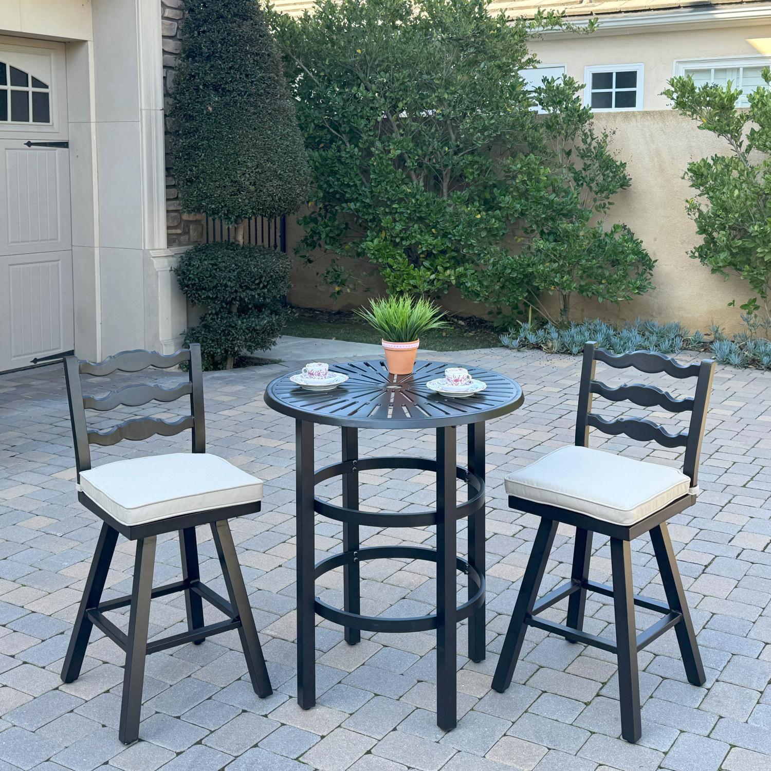 Aspen Aluminum 3 Pc Patio Bar Set w/ 30-in Round Counter Height Bar Table in Beige by Darlee - Patio - Lifestyle thumbnail