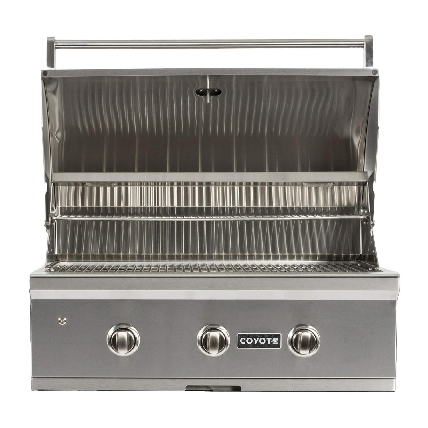 Coyote RTAC-G6-SW-C2C34LP Ready-To-Assemble 6 Ft Outdoor Kitchen Island With 34-Inch C-Series Propane Gas Grill - Stacked Stone/Modern White - Open Lid thumbnail