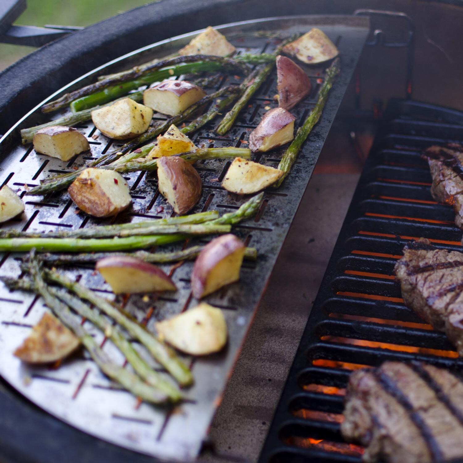 Kamado Joe Half Moon Laser Cut Stainless Steel Grate - Grilling Veggies & Potatoes thumbnail