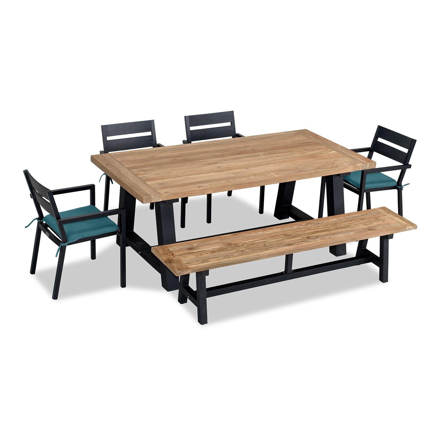 Calm Bay Mill 7 Pc Reclaimed Teak Aluminum Dining Set w/ Bench in Black/Spectrum Peacock by Lakeview Outdoor Designs