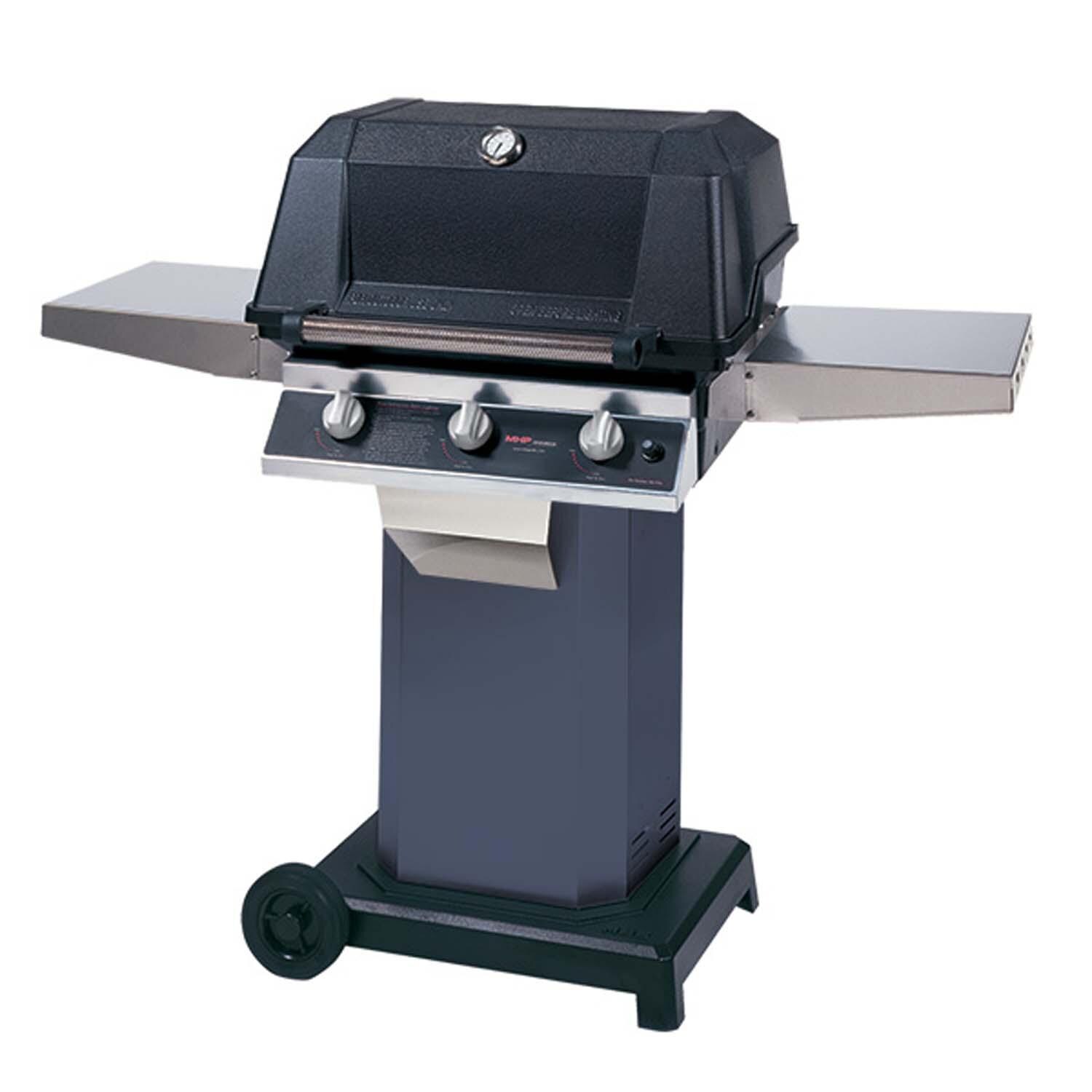 MHP W3G Propane Gas Grill w/ SearMagic Grids on Chicago Blues Grill Column w/ Portable Base