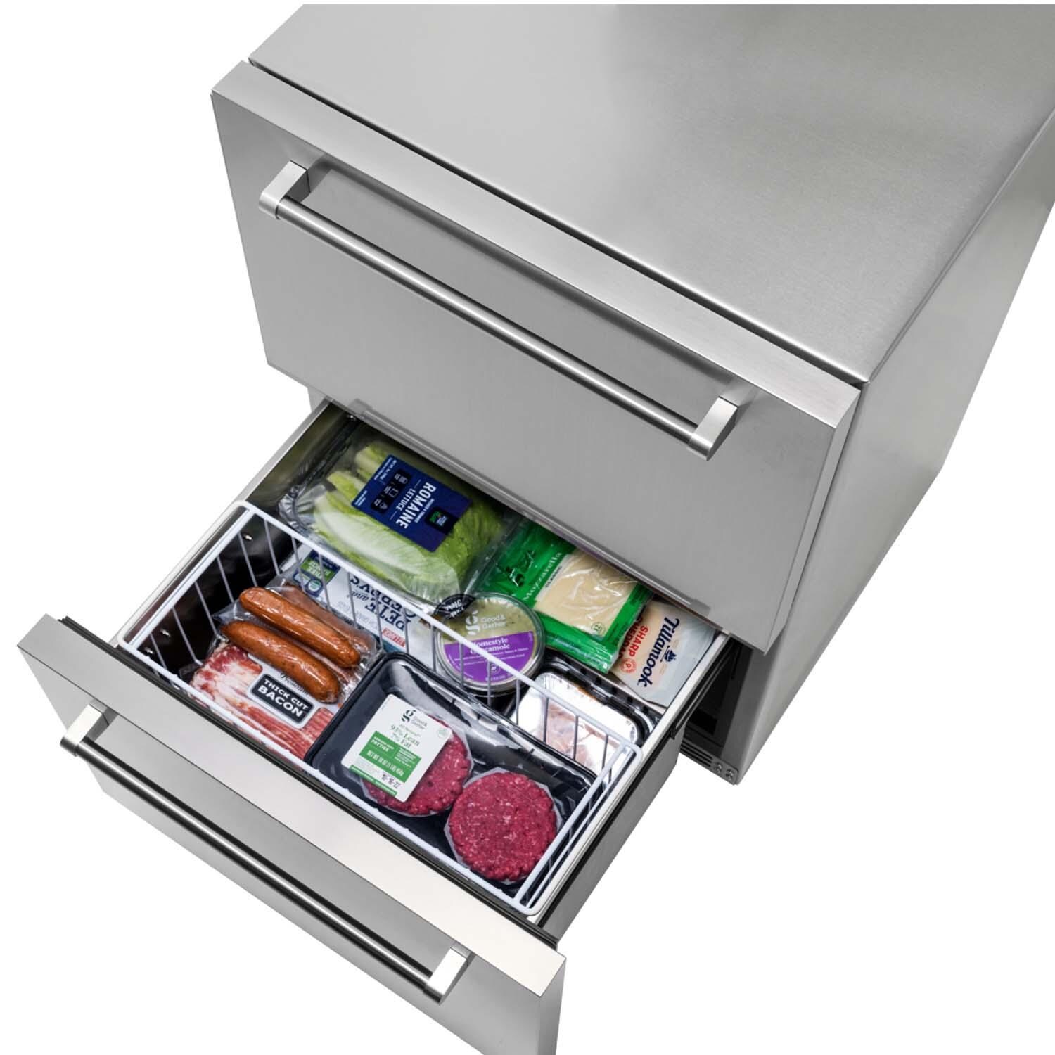 NewAir NCR040SS00 24 Inch 80 Can 20 Bottle Dual Drawer Commercial Built-in Outdoor Wine and Beverage Cooler - Stainless Steel - Bottom Drawer Open -White Background thumbnail