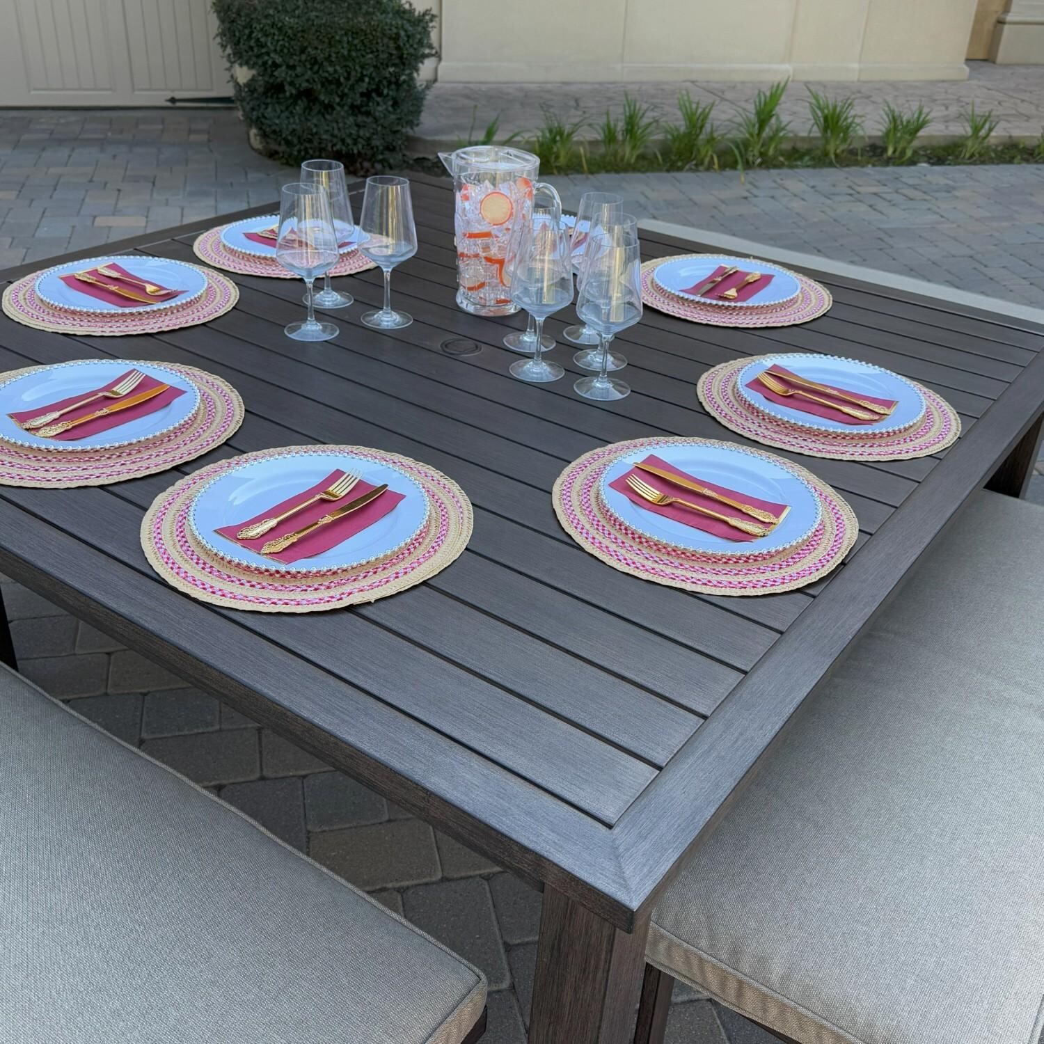 Atlantis 5 Pc Aluminum Dining Set w/ 4 Two Person Benches in Walnut/Beige by Darlee - Table Close-up - Lifestyle thumbnail