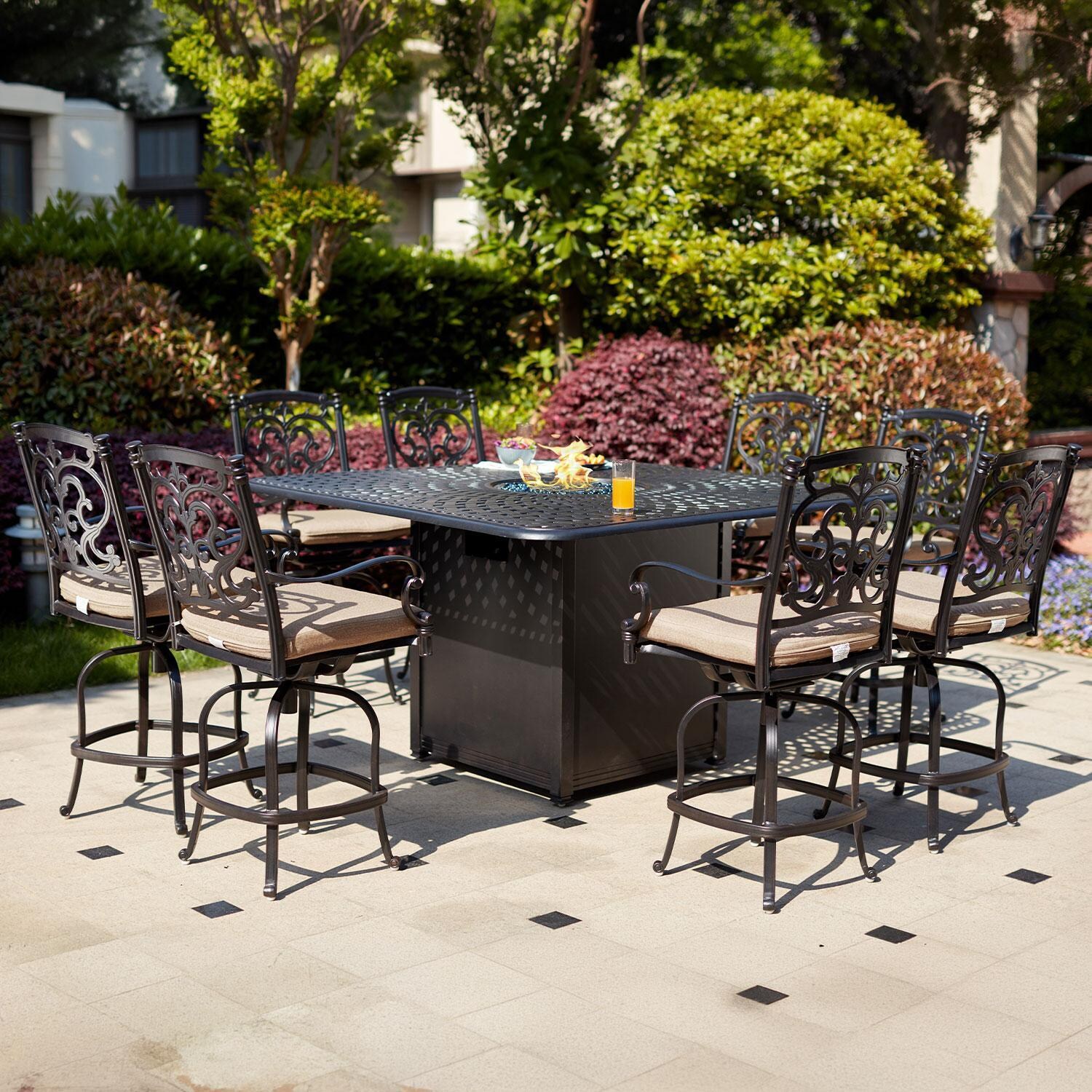 Darlee 201010-9PC-60GHW Santa Barbara 9 Piece Cast Aluminum Patio Counter Height Fire Pit Bar Set W/ 64 Inch Square Table & Beige Canvas Cushions - Lifestyle thumbnail