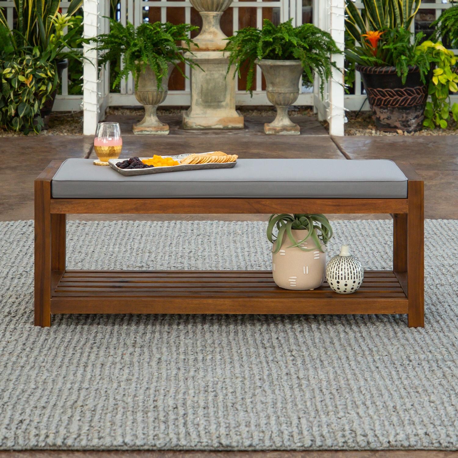 Walker Edison Vincent 48 Inch Acacia Patio Bench W/ Storage Shelf & Grey Cushion - Dark Brown image