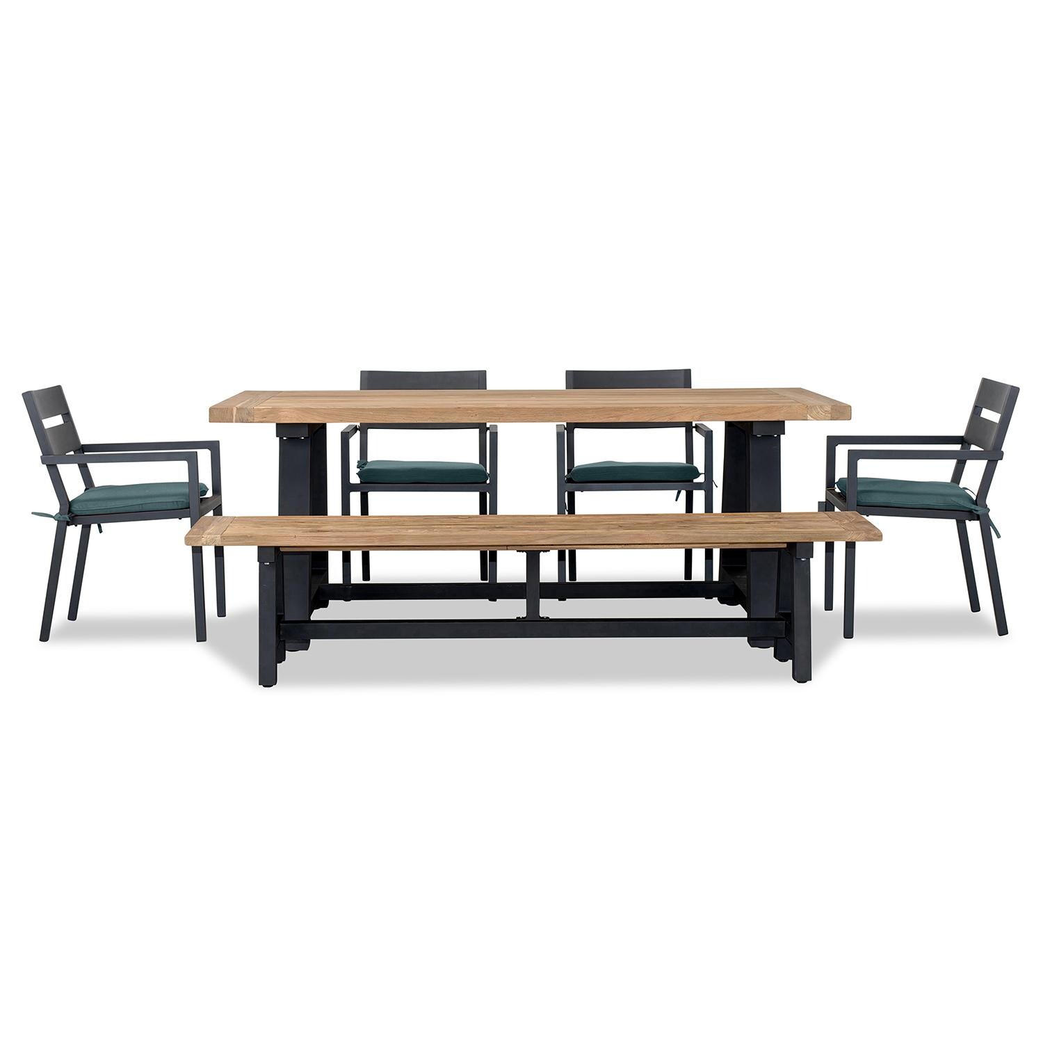 Calm Bay Mill 7 Pc Reclaimed Teak Dining Set w/ Bench in Black/Cast Lagoon by Lakeview - White Background 3 thumbnail