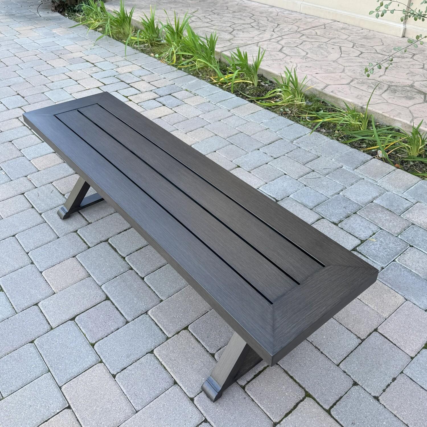 Brooklyn 6 Pc Aluminum Dining Set w/ 59 Inch Square Table in Sesame/Multi-brown by Darlee - Bench - Lifestyle thumbnail