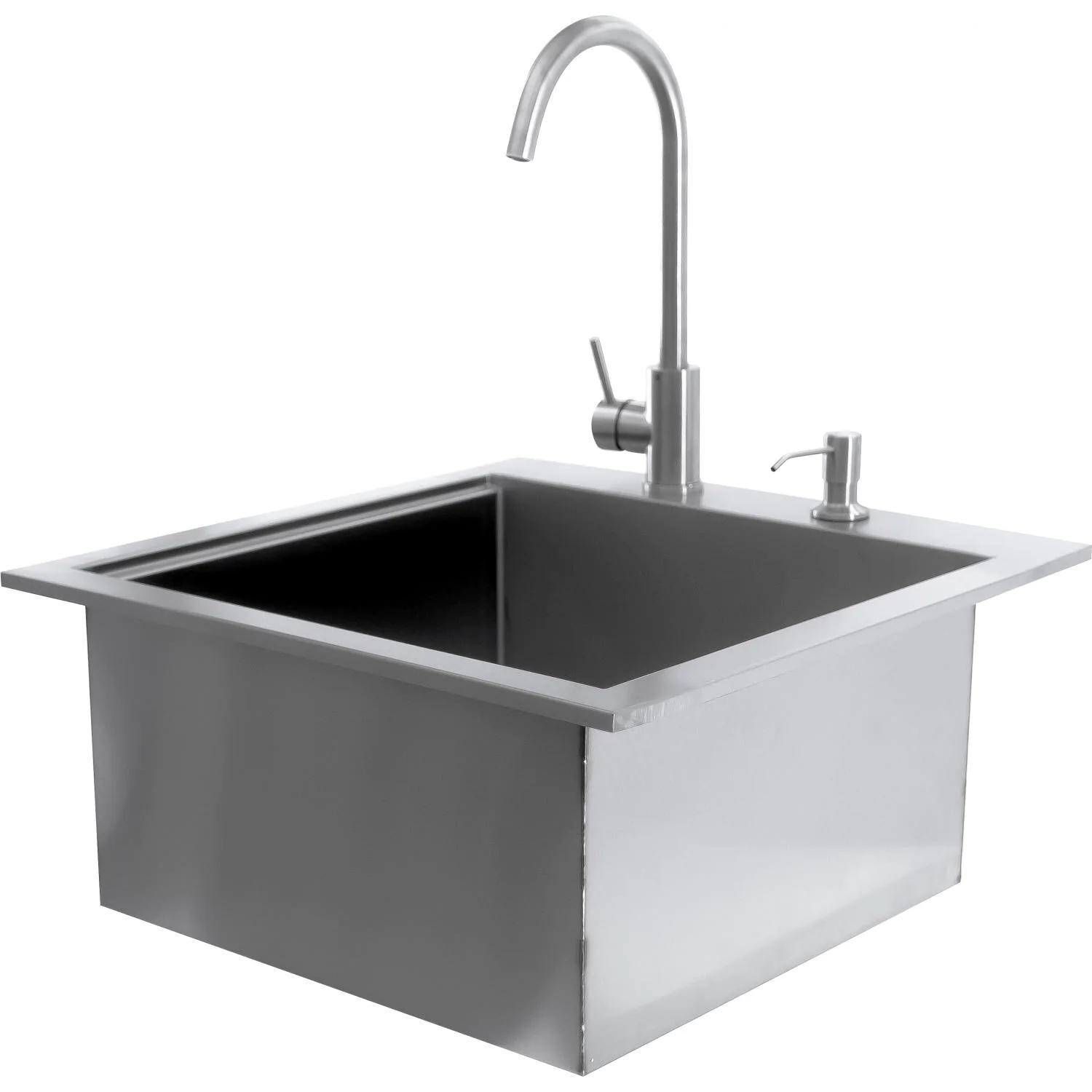 BBQGuys Signature BBQ-260-SINK-21 Traditional 21-Inch Outdoor Rated Stainless Steel Drop In Sink With Hot/Cold Faucet - Lid Off thumbnail