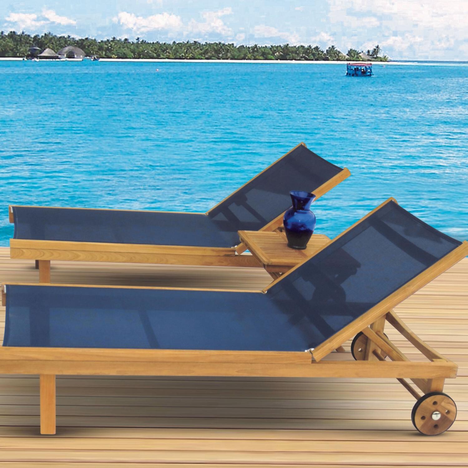 Sundaze 3 Pc Set Teak Chaise Lounge Set w/ Folding Side Table in Navy by Royal Teak Collection