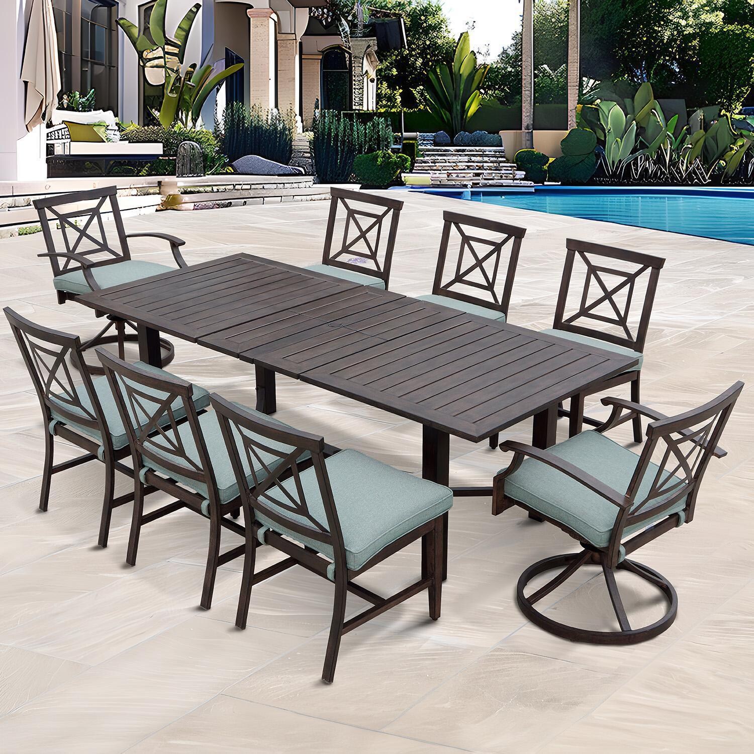 Atlantis 9 Pc Aluminum Dining Set w/ 91 Inch Table, Swivel Rockers, and Spa Cushions in Walnut By Darlee - On Patio - Lifestyle thumbnail