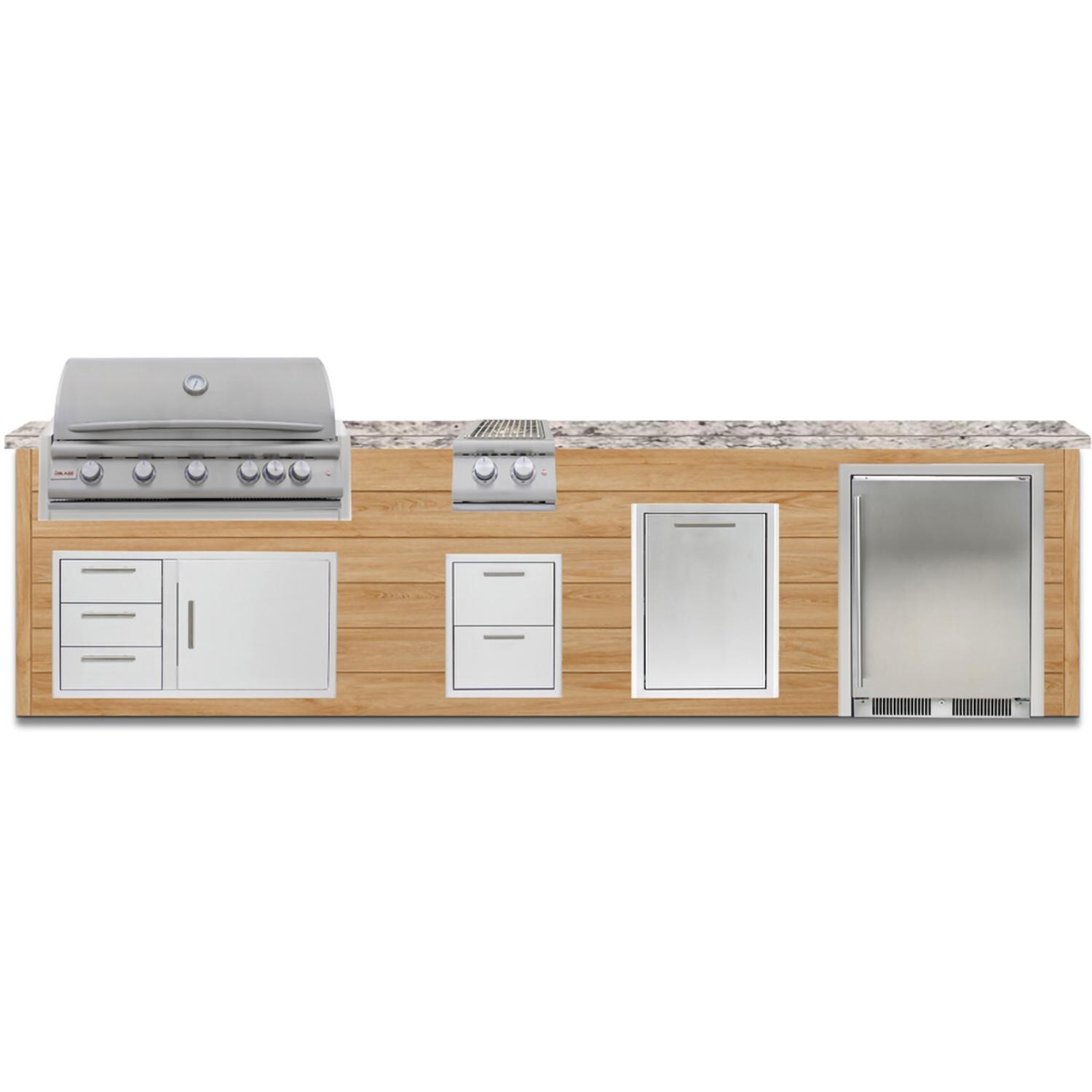 BBQGuys Signature 12 Ft Grill Island w/ 40 Inch Propane Blaze Premium LTE+ Grill, Double Side Burner, Refrigerator, Narrow Trash Bin & Door & Drawer | Sun Bleached Oak w/ White Granite - Front - White Background thumbnail