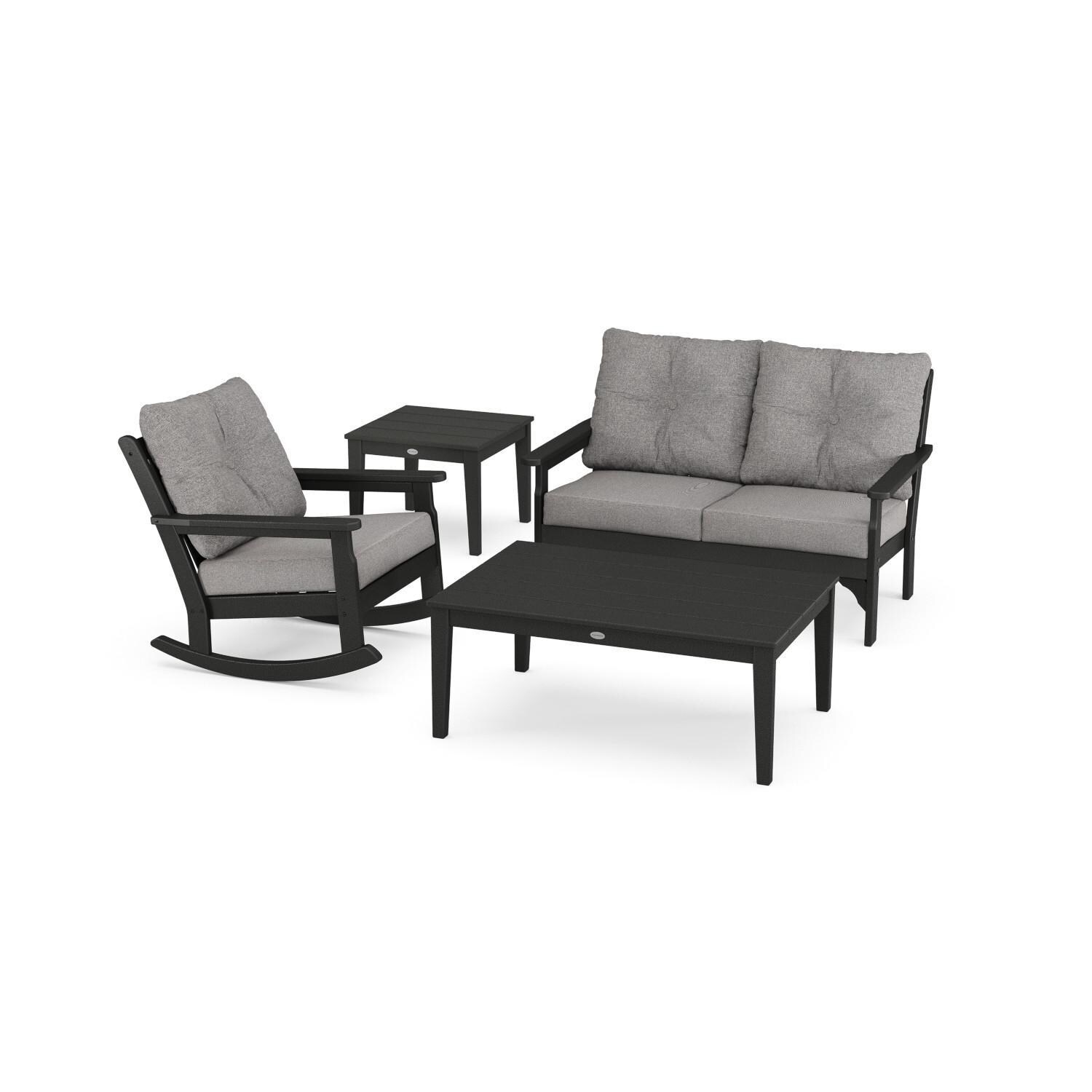 Vineyard 4 Pc Recycled Plastic Seating Set w/ Rocking Chair in Black/Gray Mist by POLYWOOD