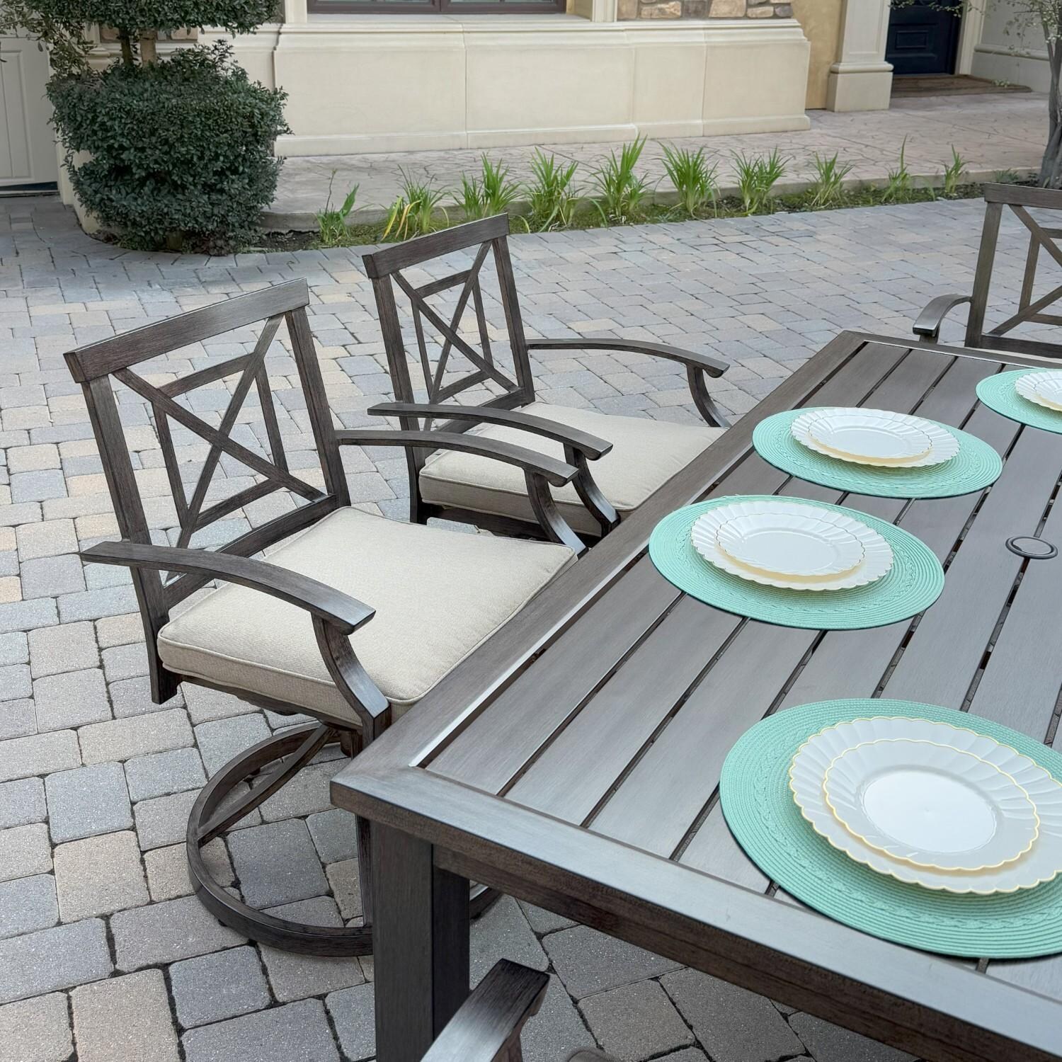 Atlantis 4 Pc Aluminum Dining Arm Chair Set in Walnut/Beige by Darlee - Chairs at Table - Lifestyle