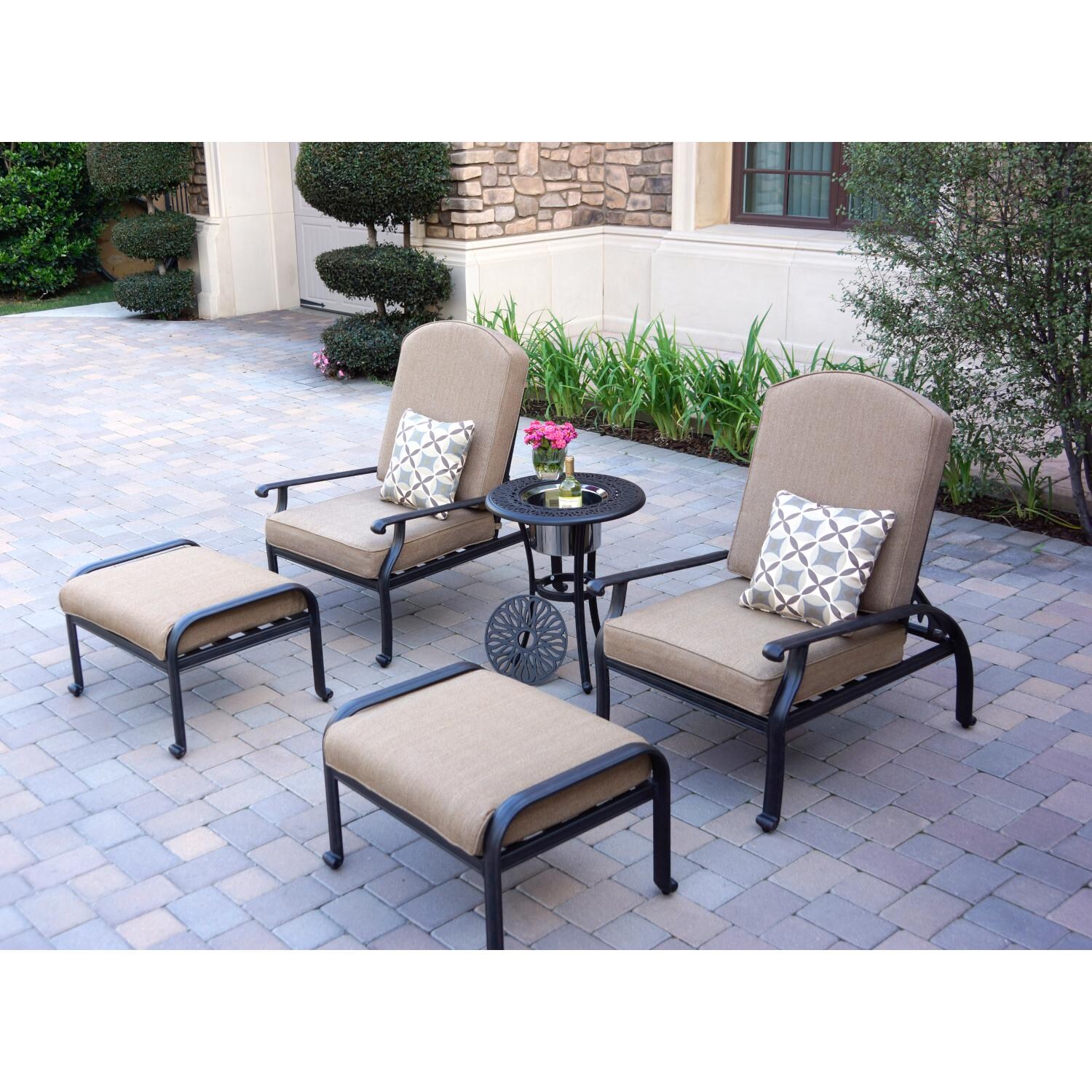 Darlee DL709-5PC-707RQP Elisabeth 5 Piece Cast Aluminum Patio Conversation Set W/ Ice Bucket Insert & Sesame Cushions - Lifestyle thumbnail
